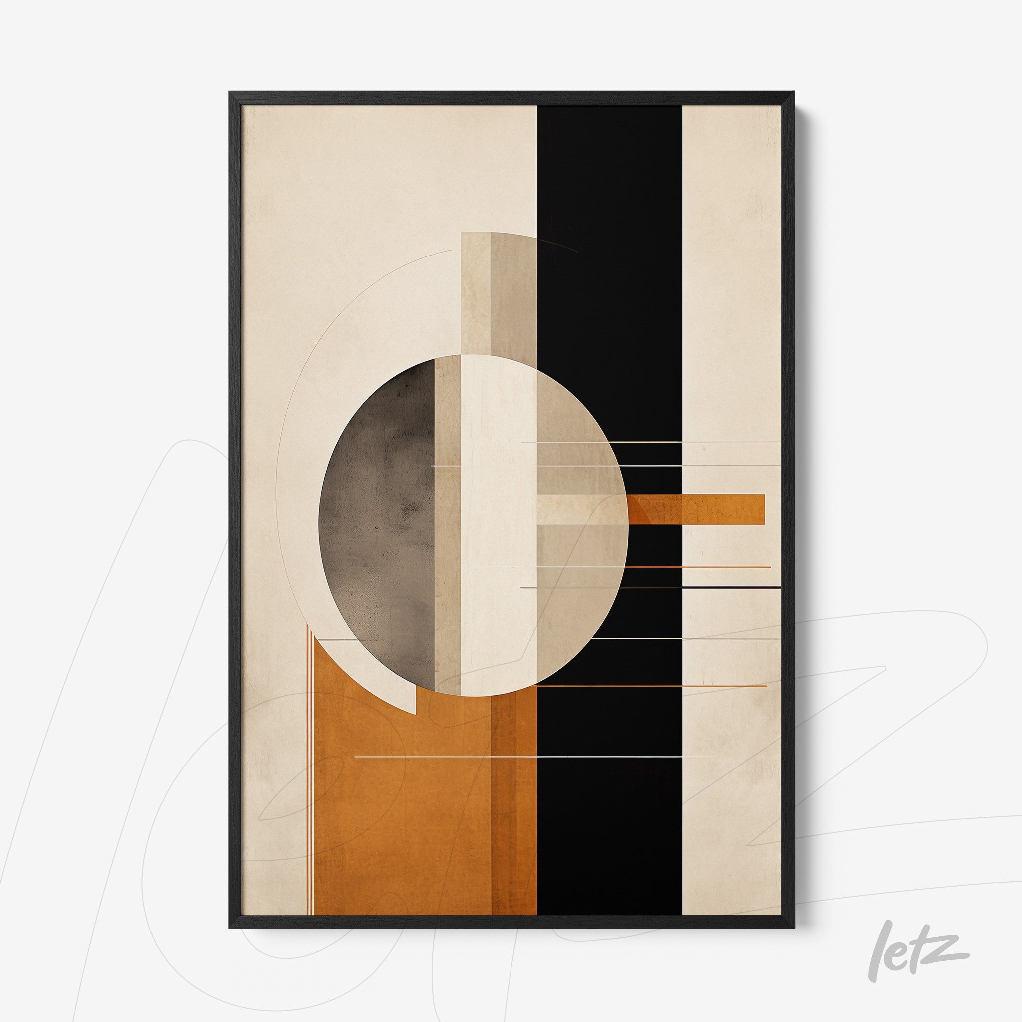 abstract wall art in orange and black featuring geometric shapes in a black frame