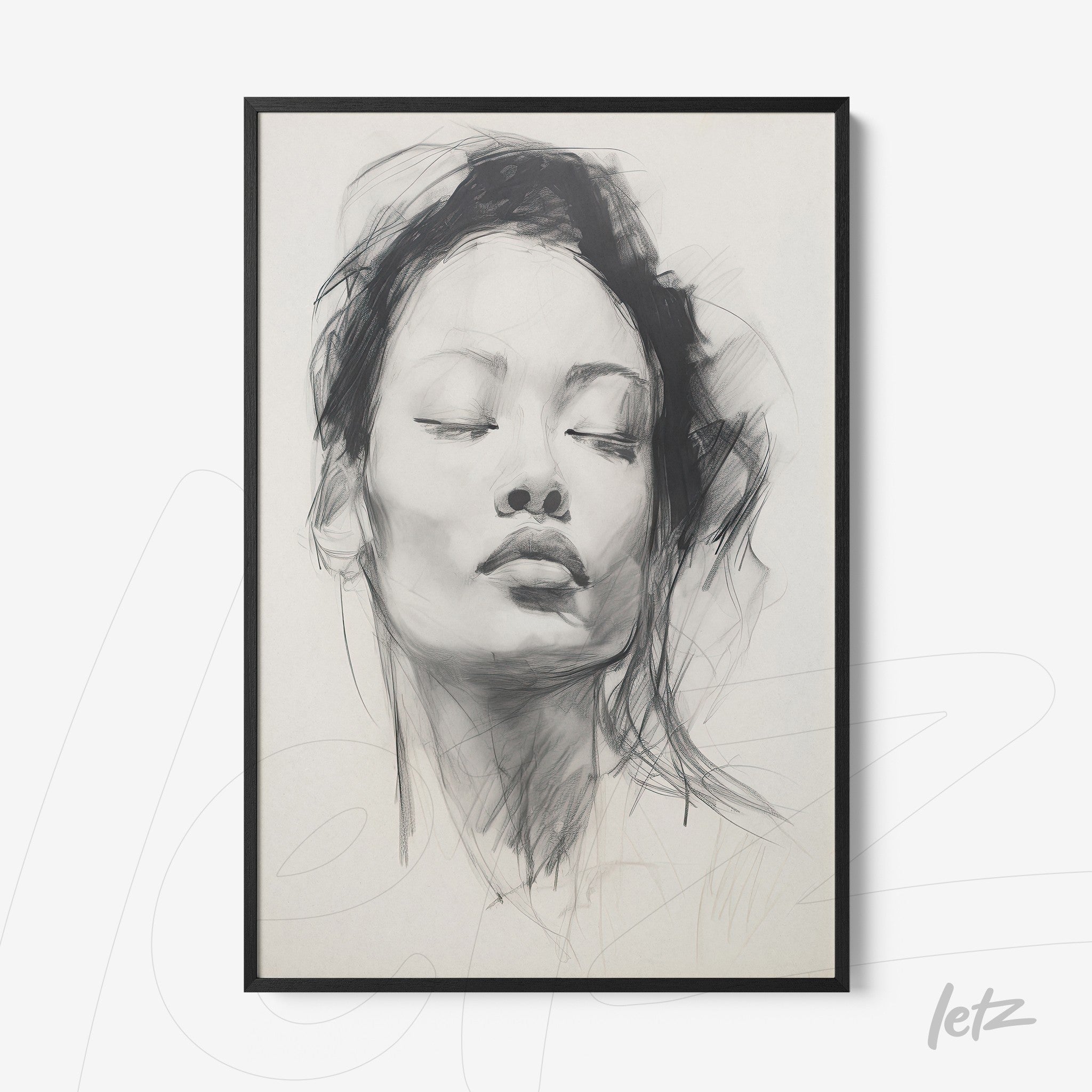 framed wall art featuring a sketch of a woman with closed eyes and a serene expression