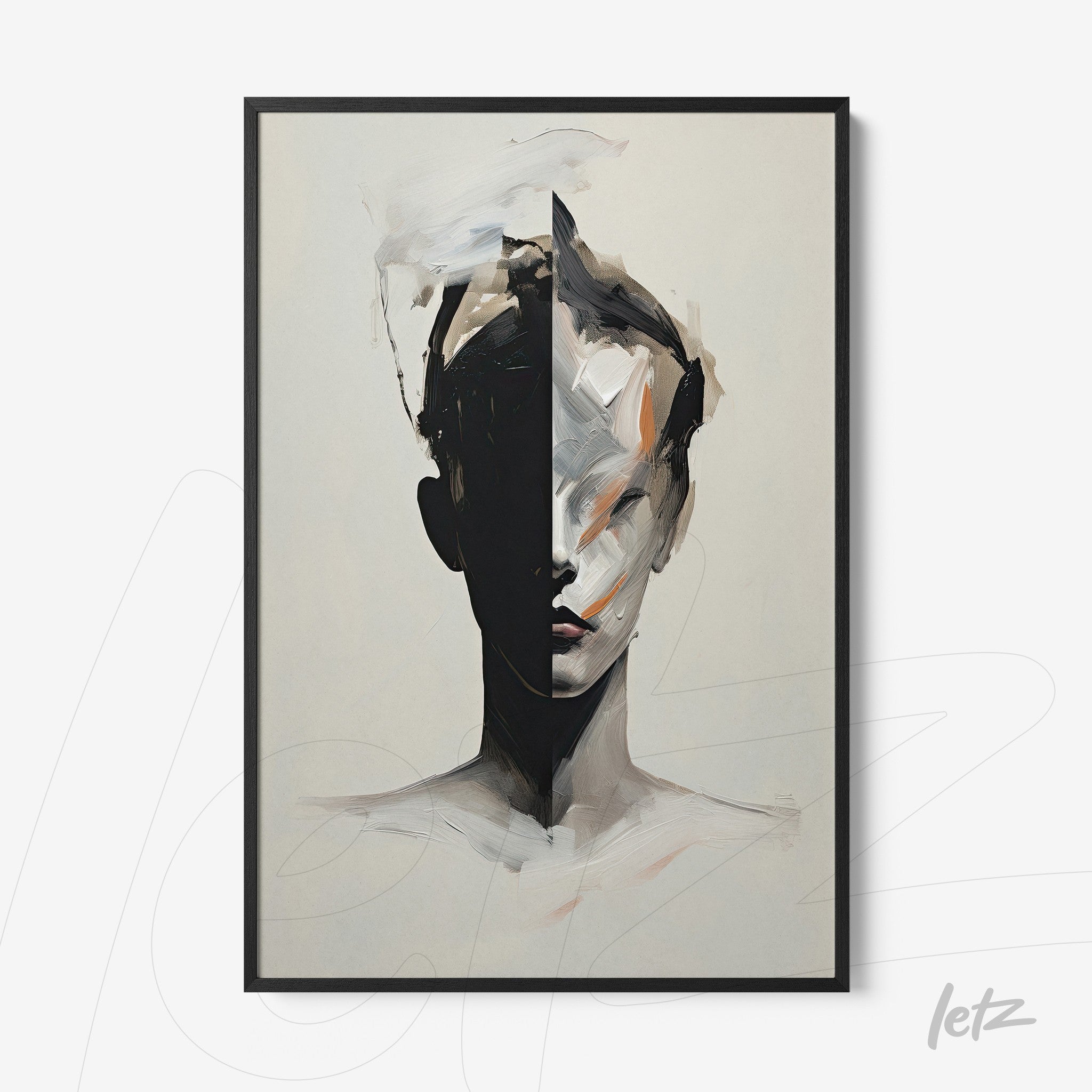 framed artwork featuring an abstract portrait in shades of black and white with expressive brush strokes