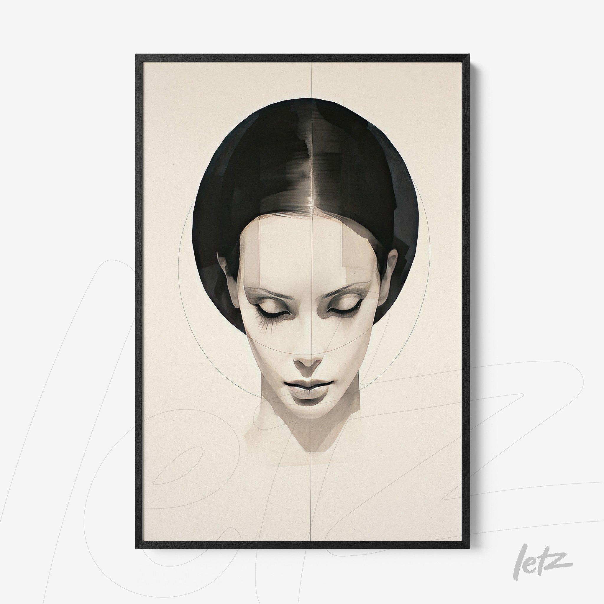 modern art framed portrait of a female face in neutral tones