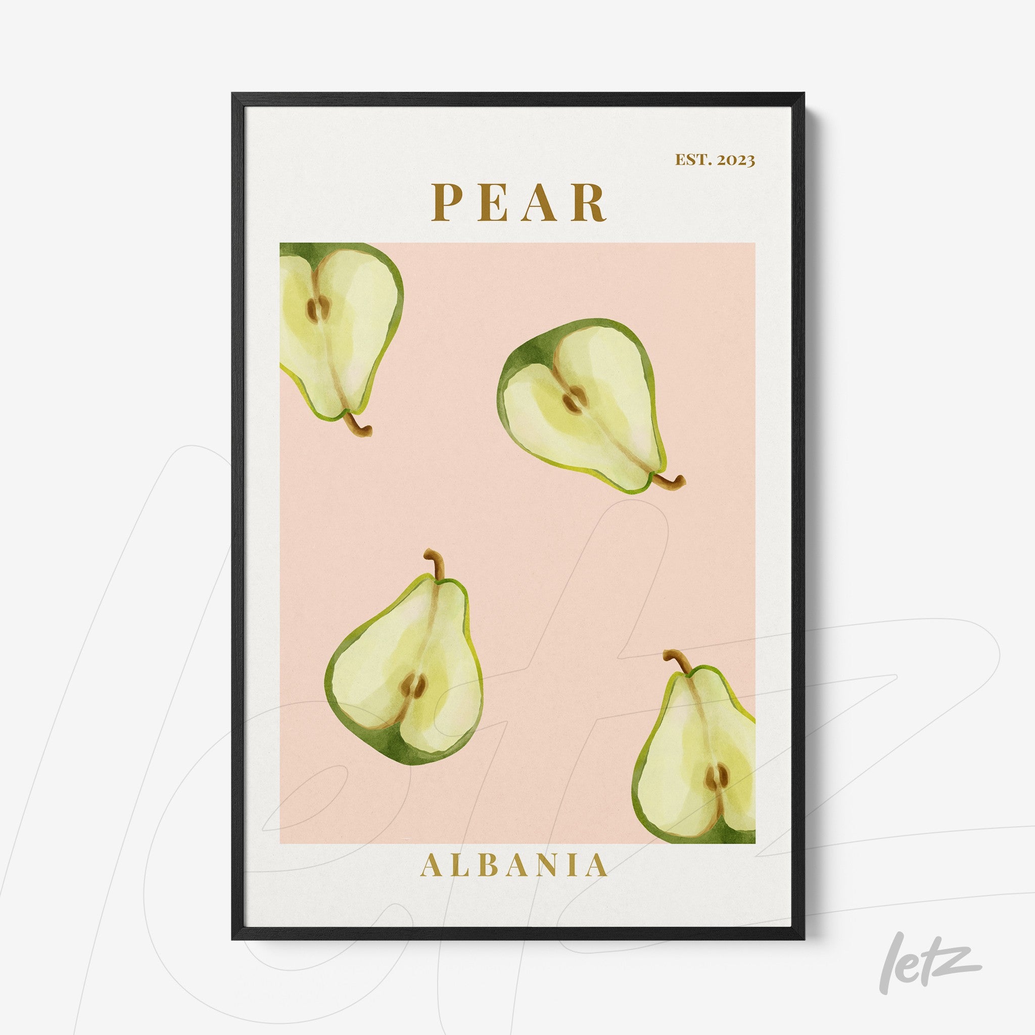 framed wall art featuring pear illustrations on a pink background with gold accents