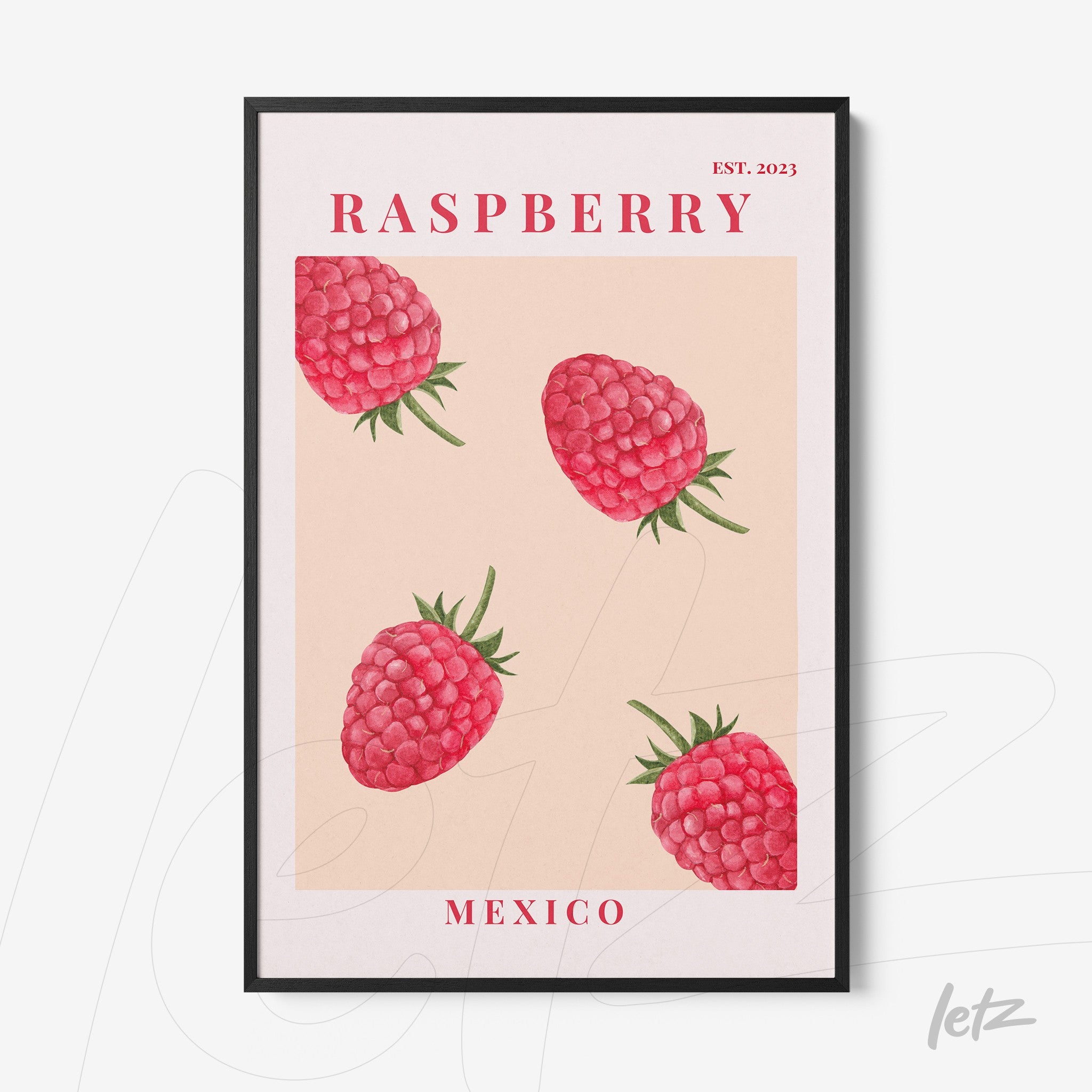 framed art featuring raspberries on a light pink background with black frame