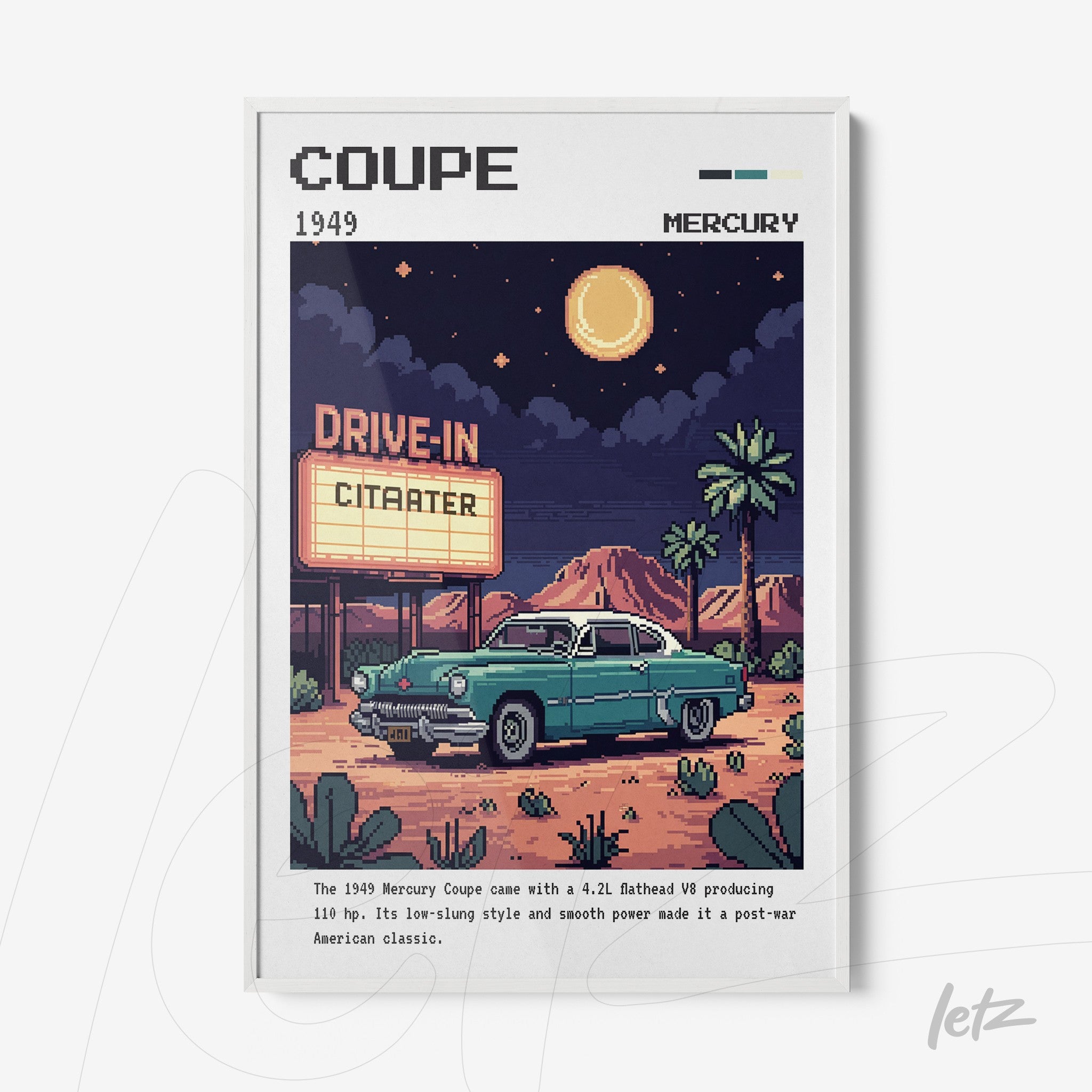 retro art print featuring a 1949 mercury coupe in front of a drive-in theater with a night sky and mountains in the background