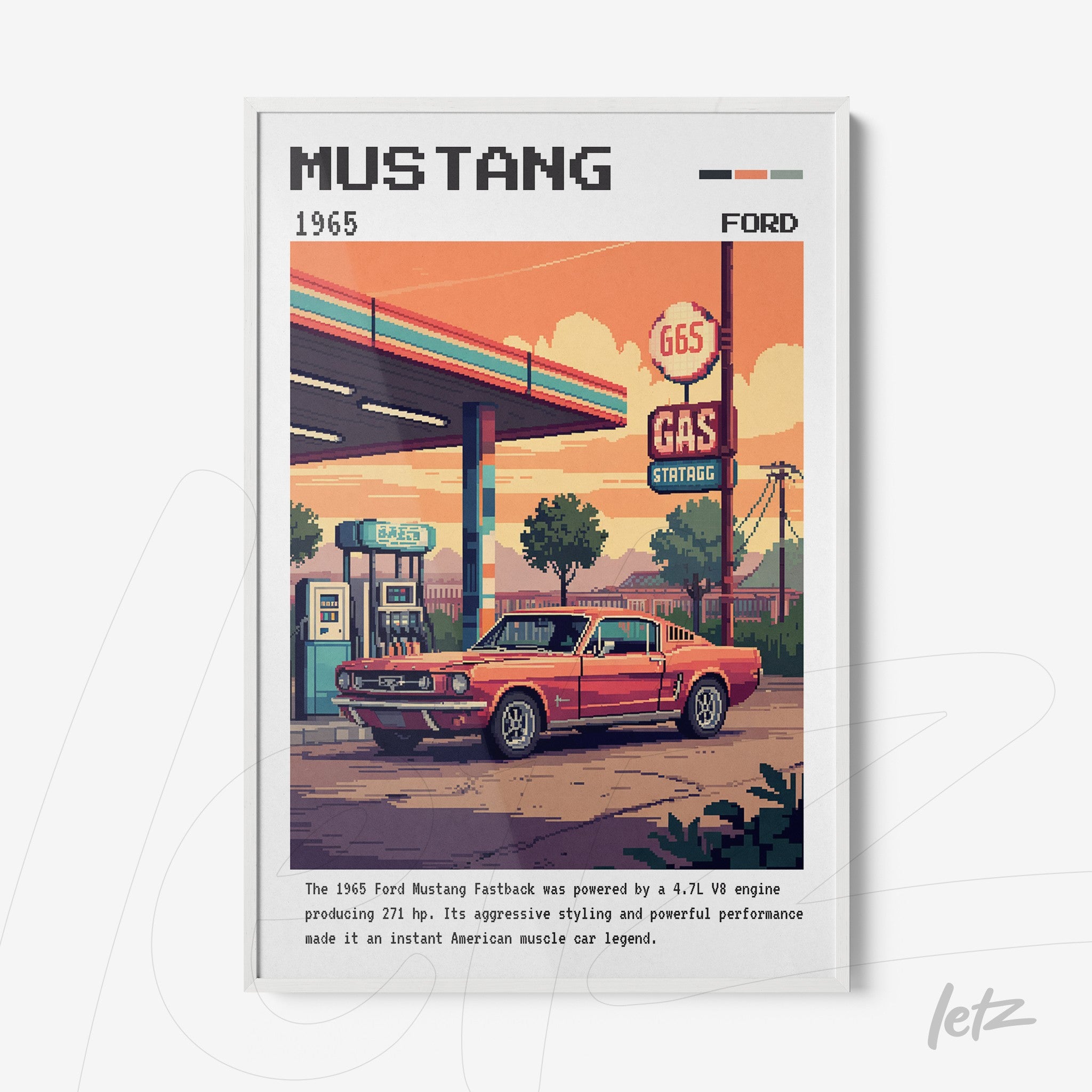 framed digital art of a red 1960s Ford Mustang in pixel art style, retro gas station background with vintage details