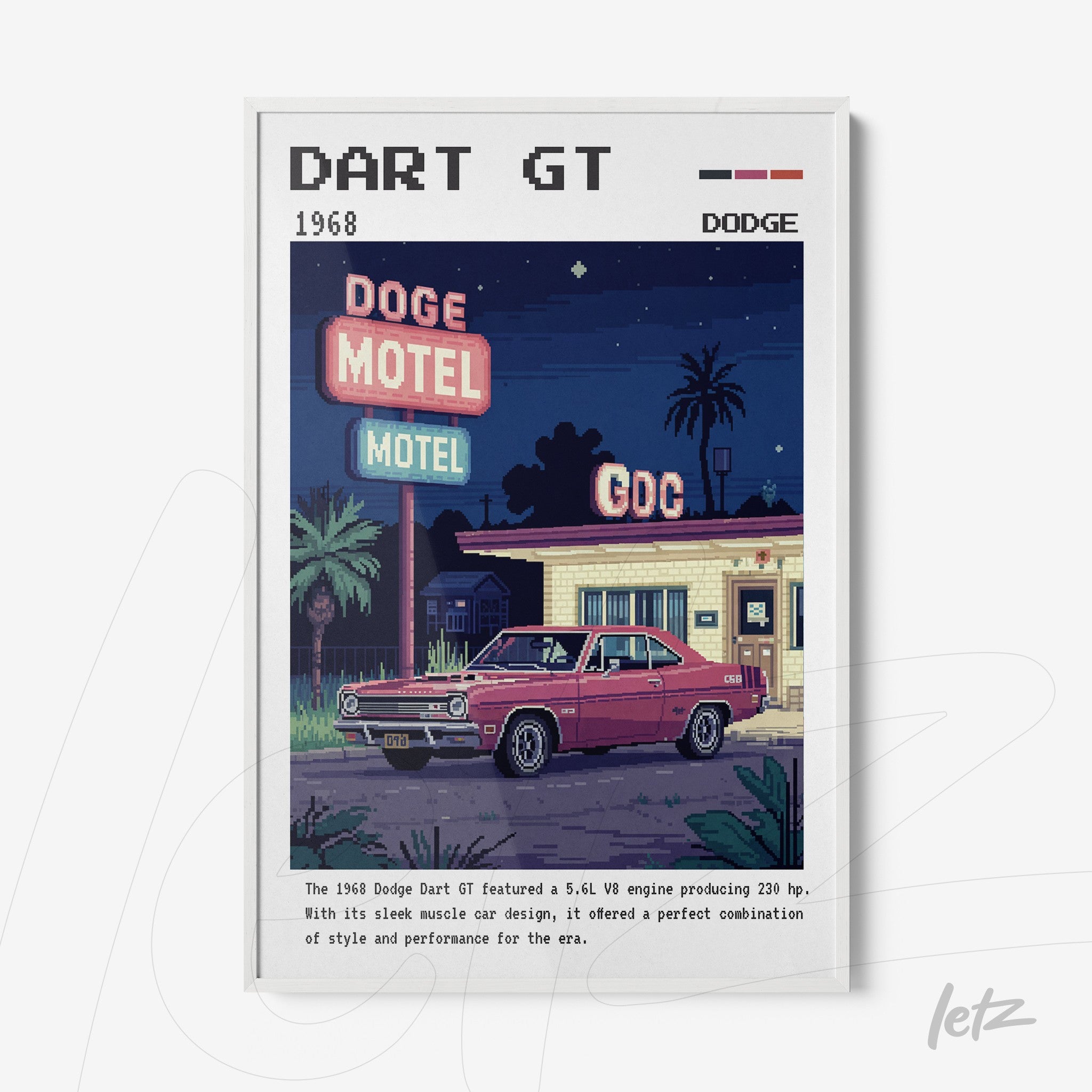 pixel art depiction of a 1968 Dodge Dart GT parked in front of a vintage motel with illuminated signage