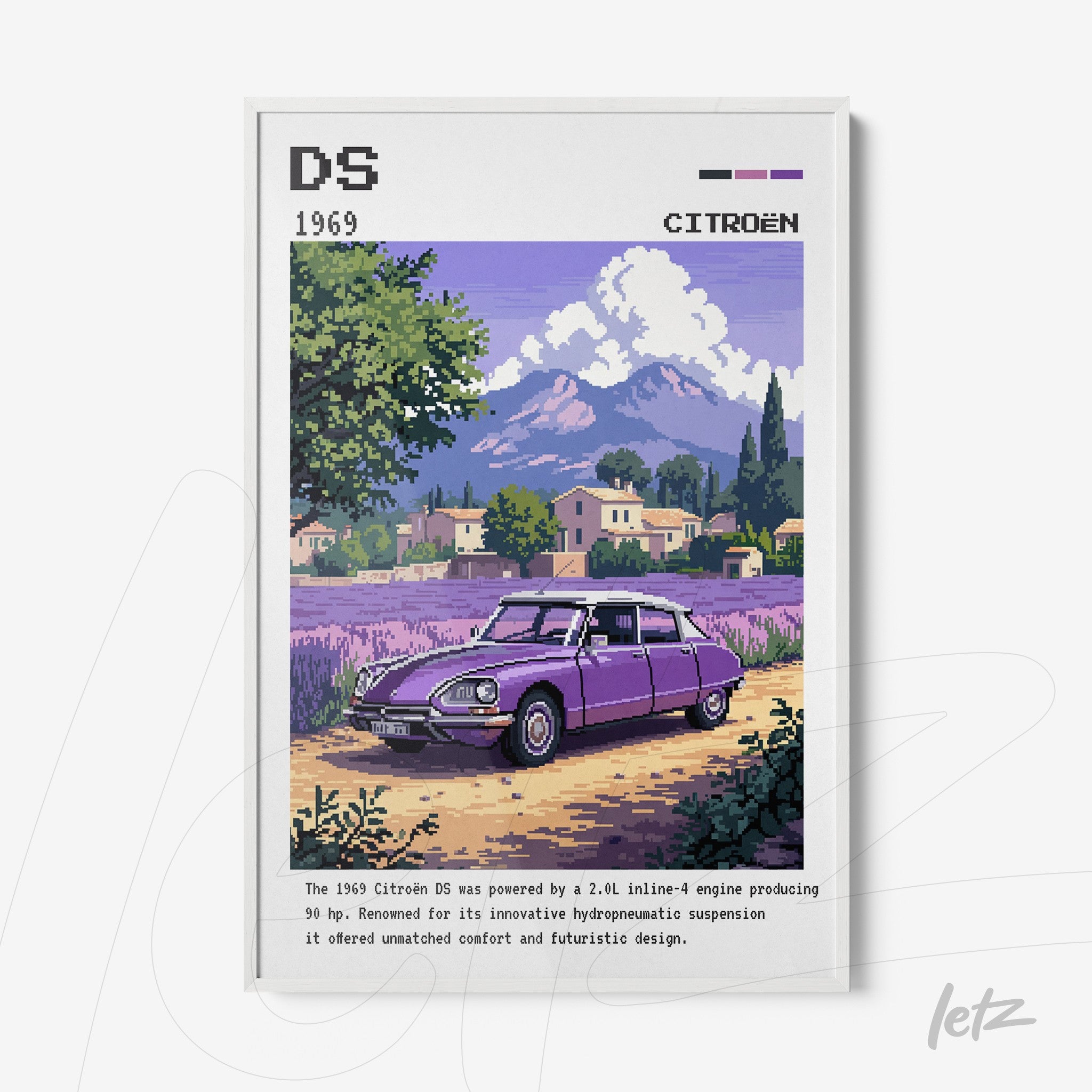 framed digital art featuring a purple Citroën DS car in a rural landscape with mountains in the background