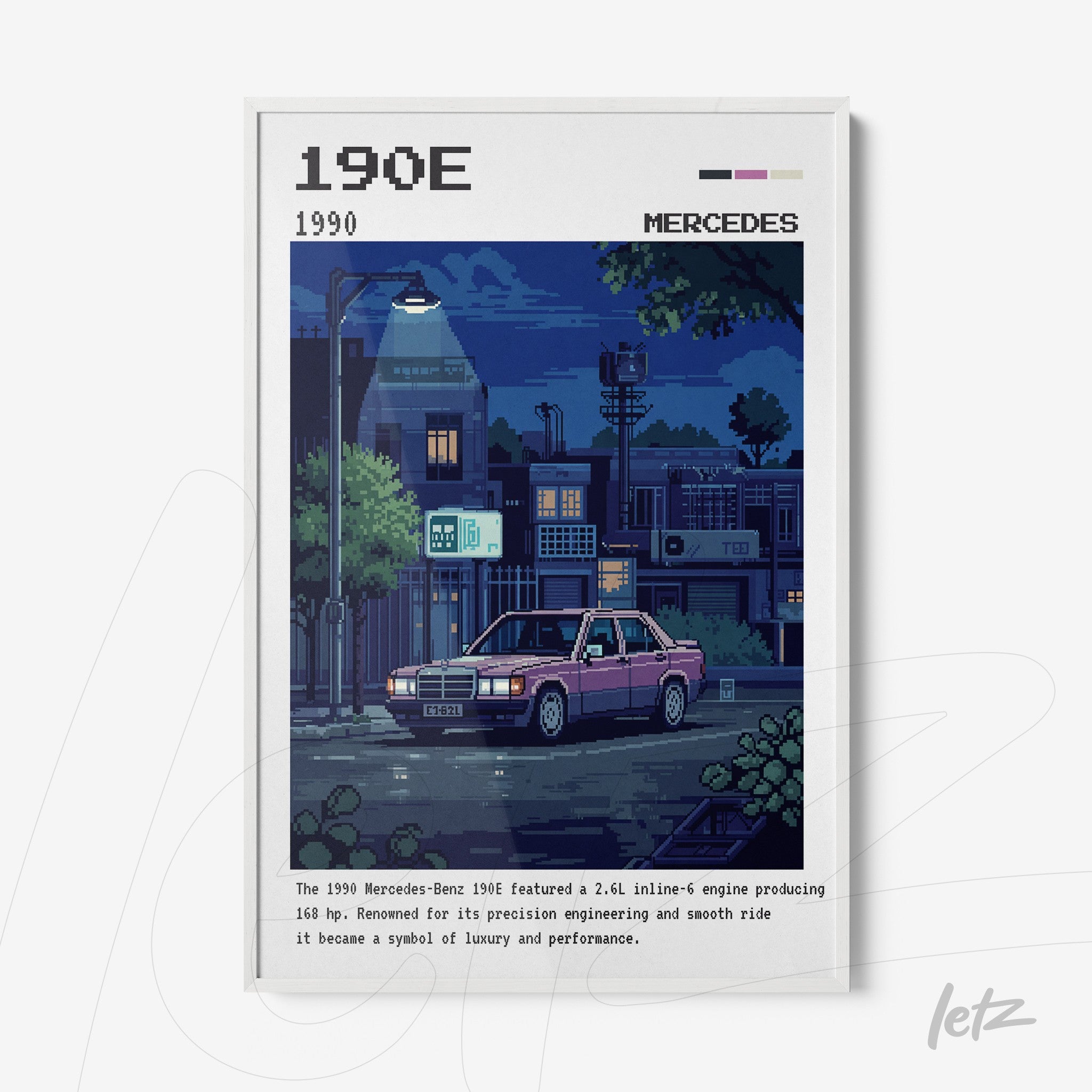 framed wall art in pixel art style depicting a night scene with a mercedes-benz 190e on a street illuminated by blue lights