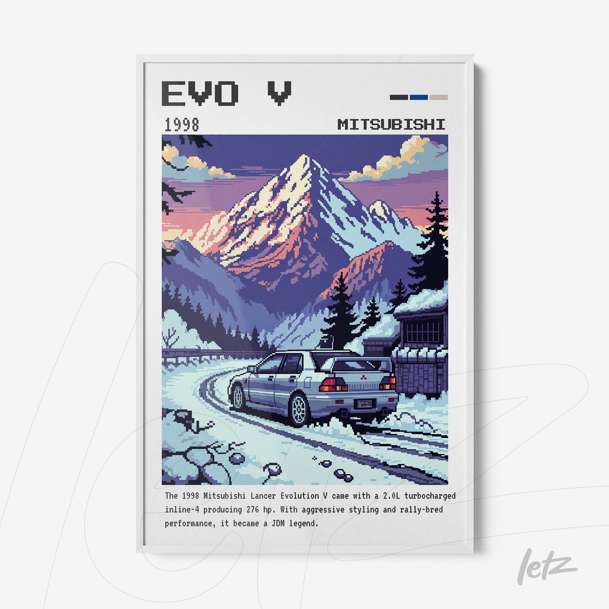pixel art wall art featuring the Mitsubishi Lancer Evolution V in a mountainous landscape at sunset