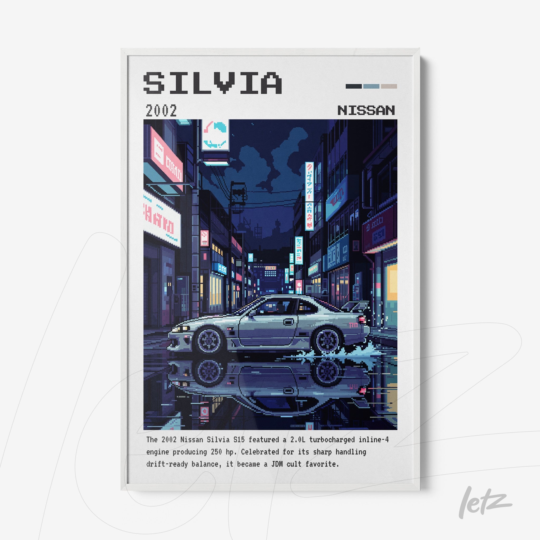 framed wall art featuring pixel art illustration of a Nissan Silvia 2002 in a nighttime urban setting