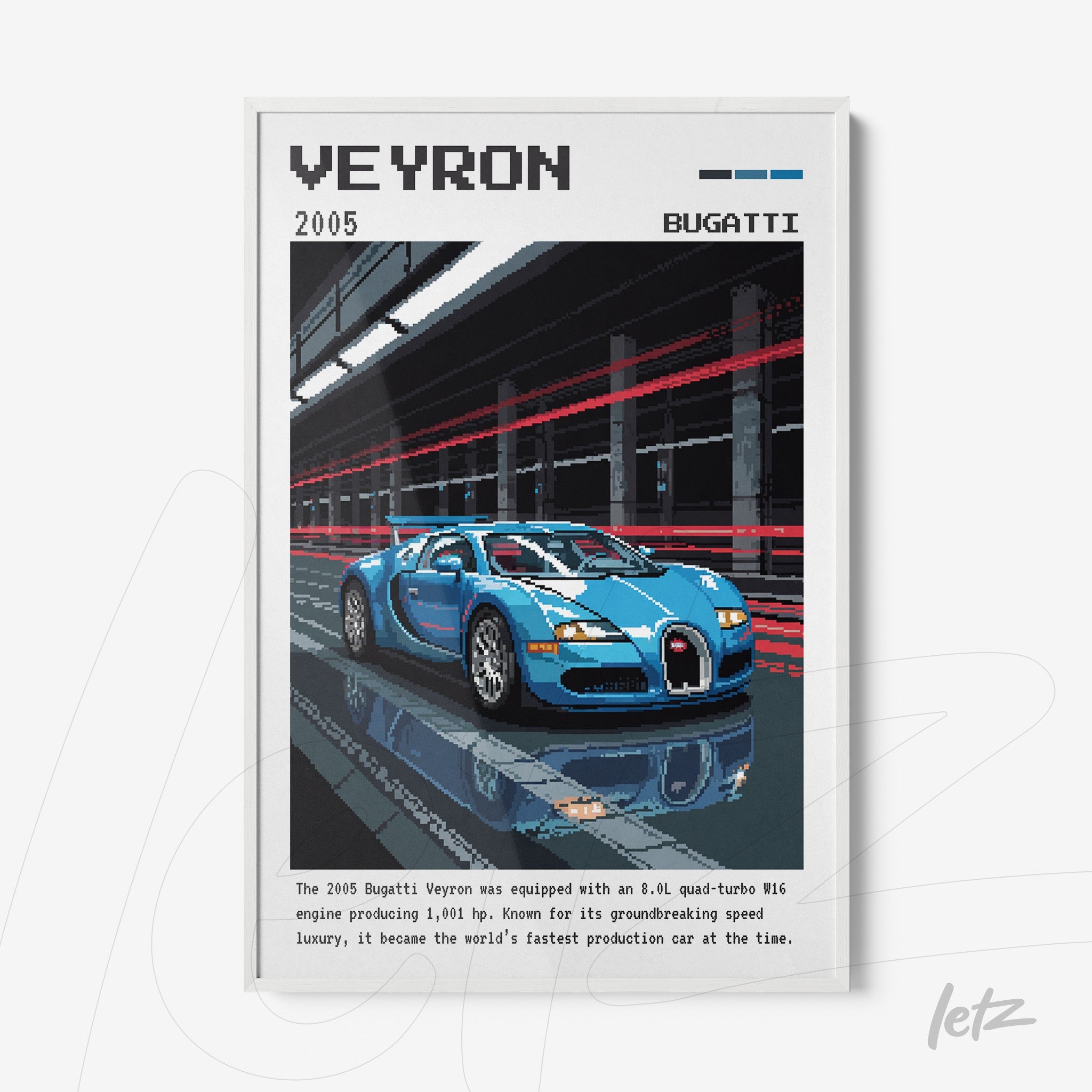 pixel art framed illustration of a blue Bugatti Veyron with white frame