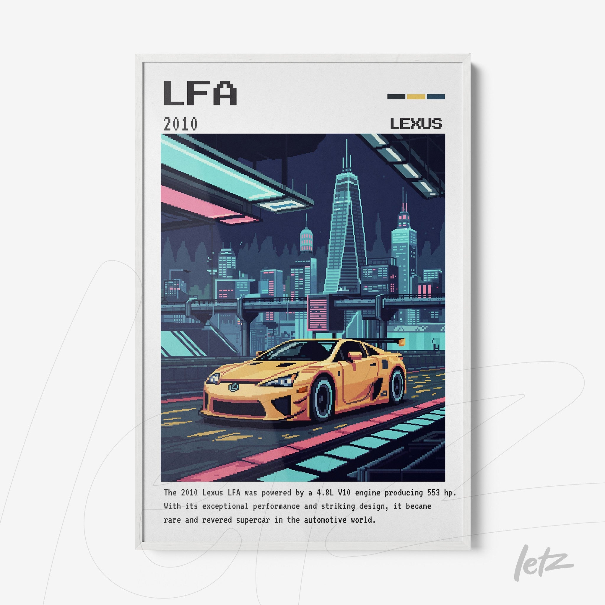 framed digital art featuring the lexus lfa sports car against a vibrant urban skyline with a white frame