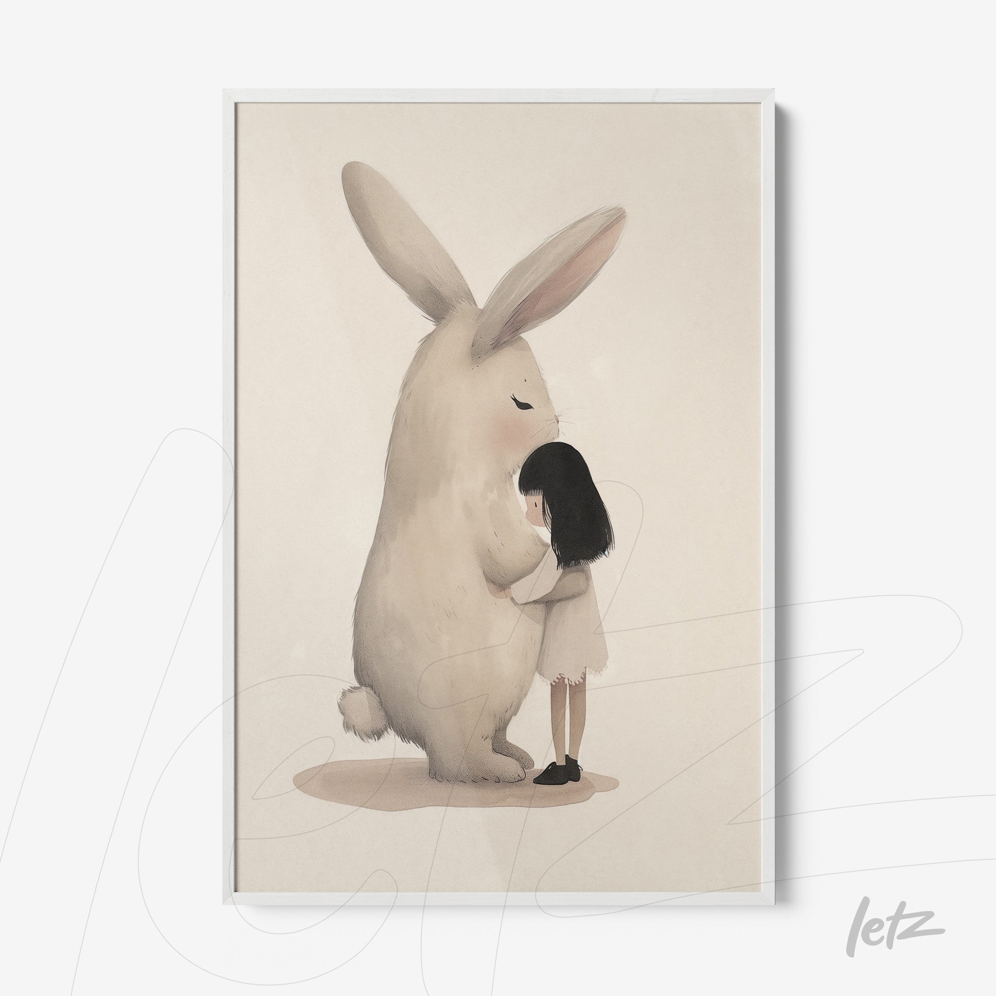 framed illustration of a little girl embracing a large bunny on a light background