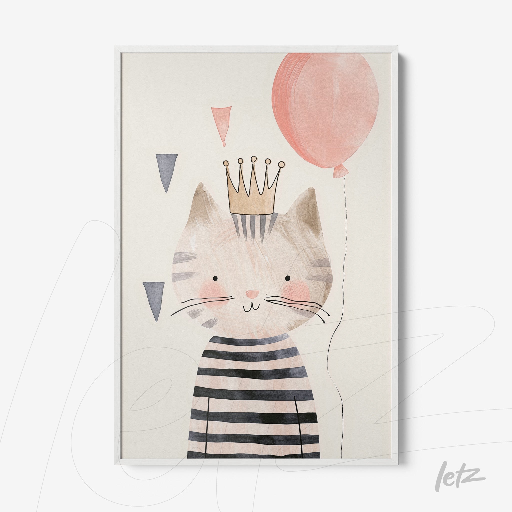 framed wall art featuring a cat with a crown and balloon in soft colors