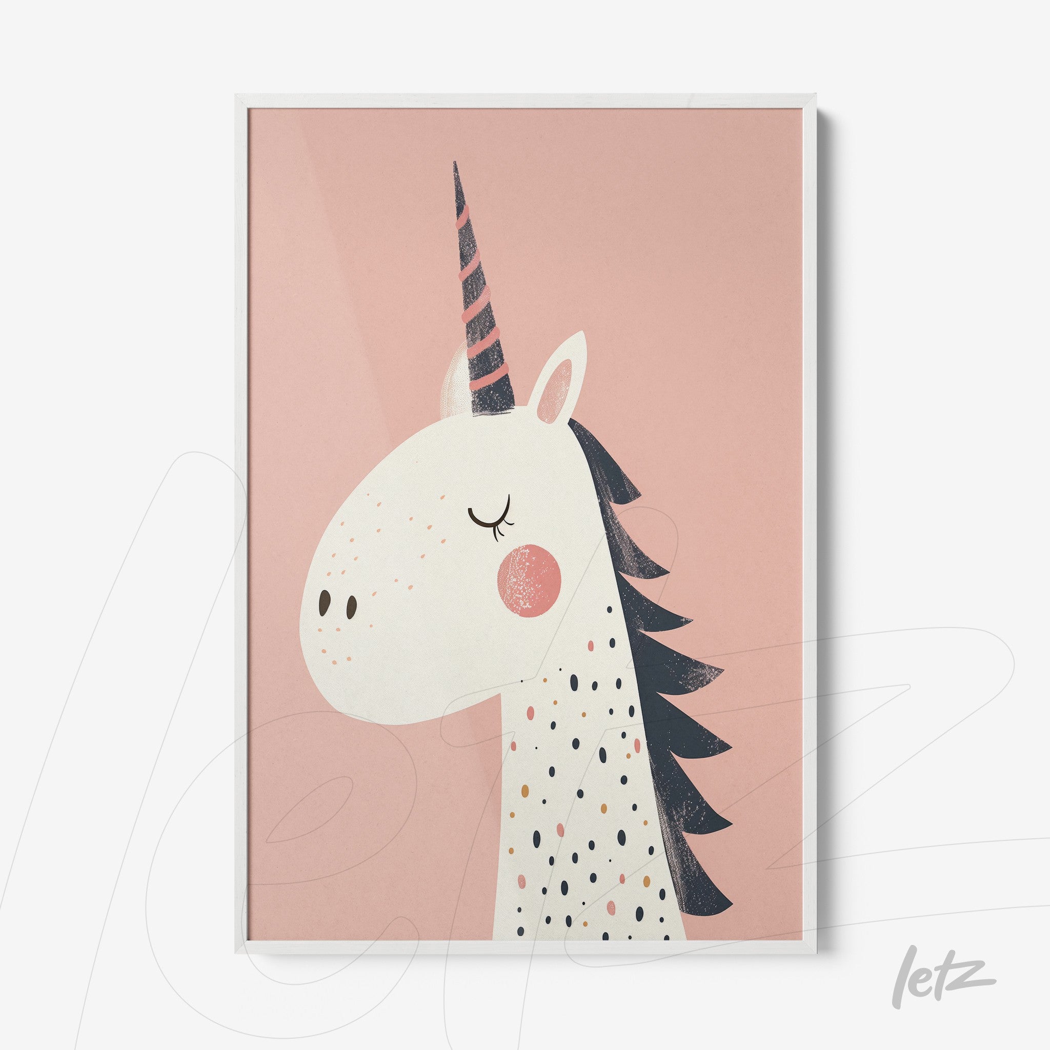 framed artwork featuring a unicorn illustration on a light pink background with a white frame
