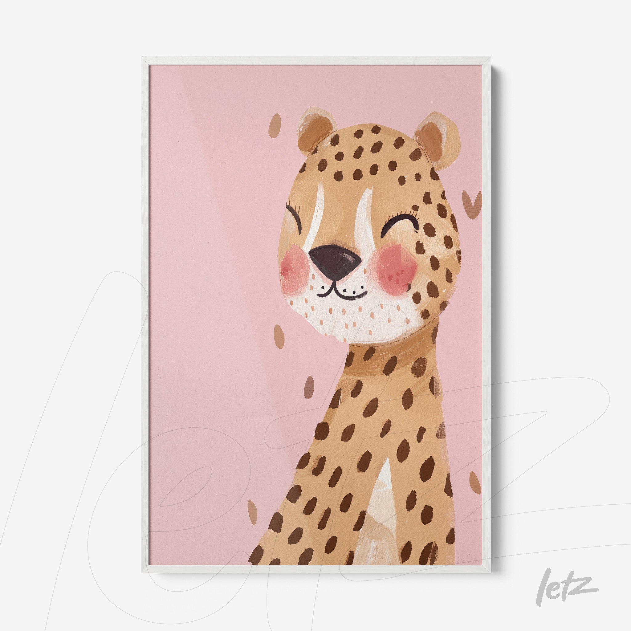 framed artwork of a smiling leopard on light pink background with white frame