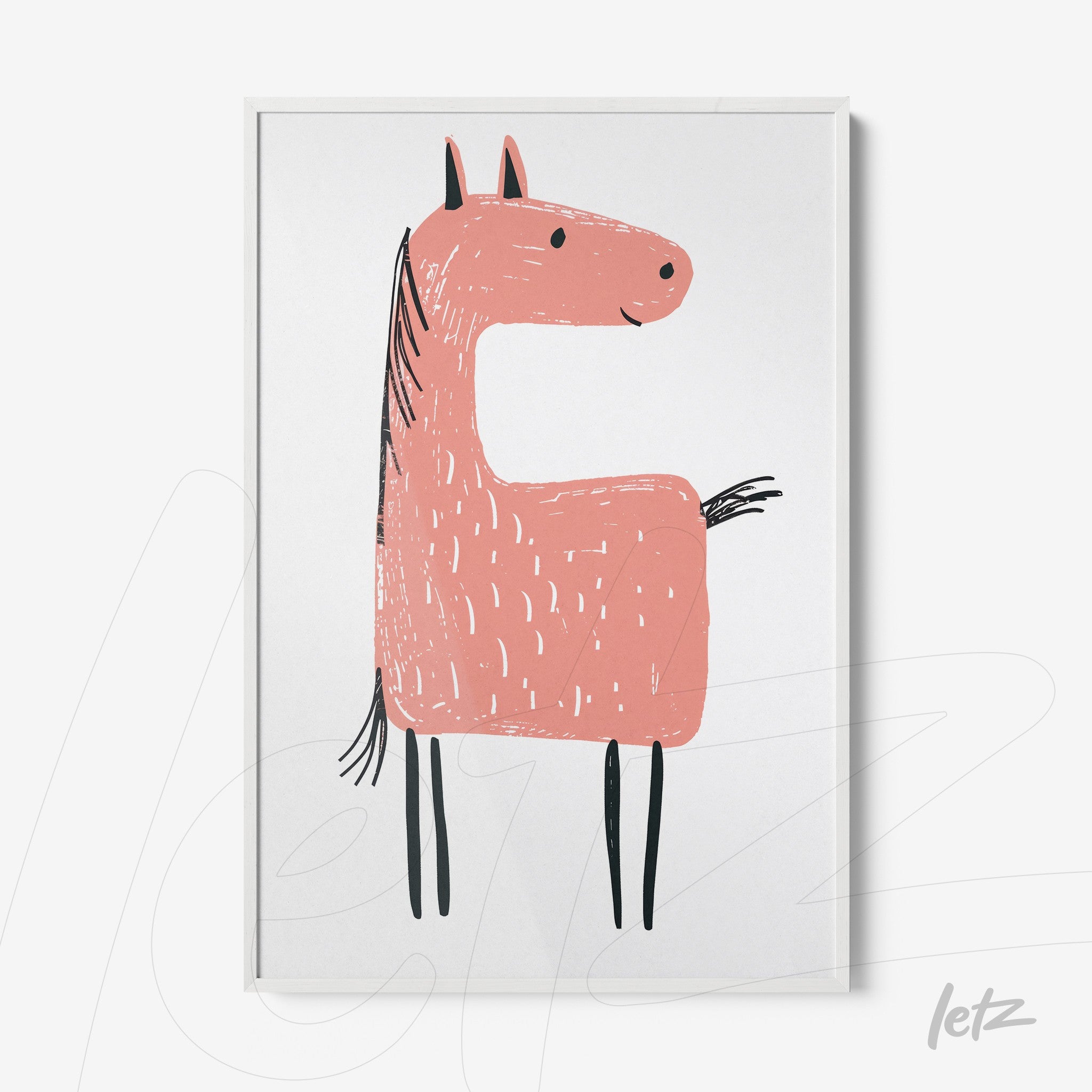 framed artwork featuring a minimalist pink horse illustration in a white frame