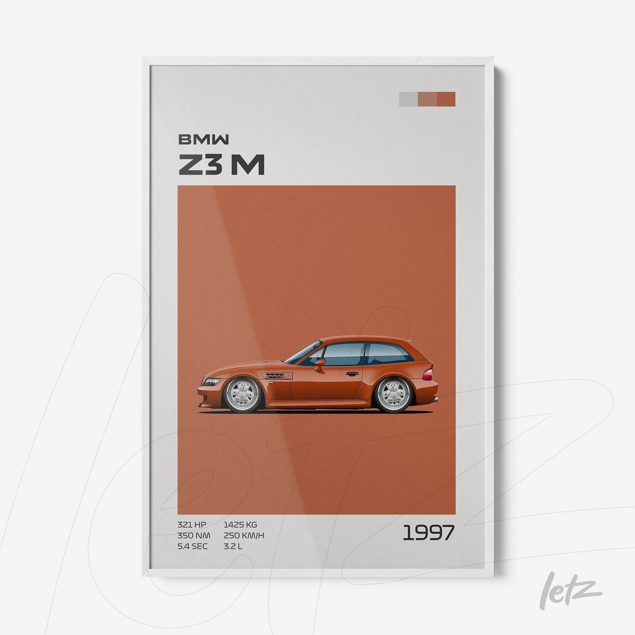 framed digital art of BMW Z3M car in orange background with white frame