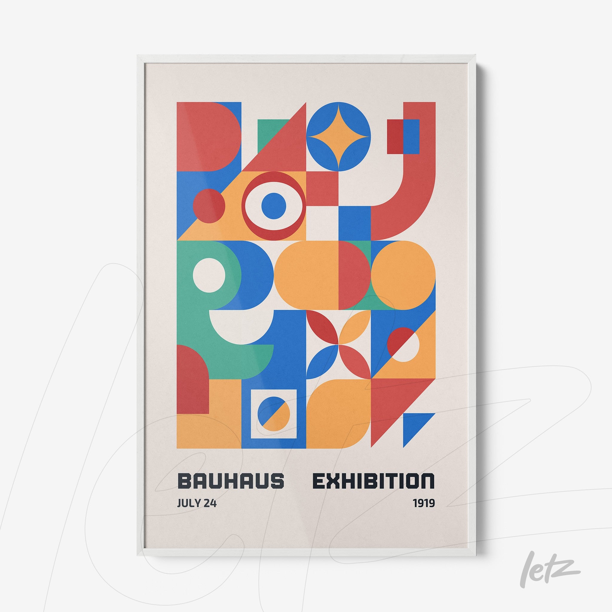 poster featuring colorful geometric art for bauhaus exhibition in white frame