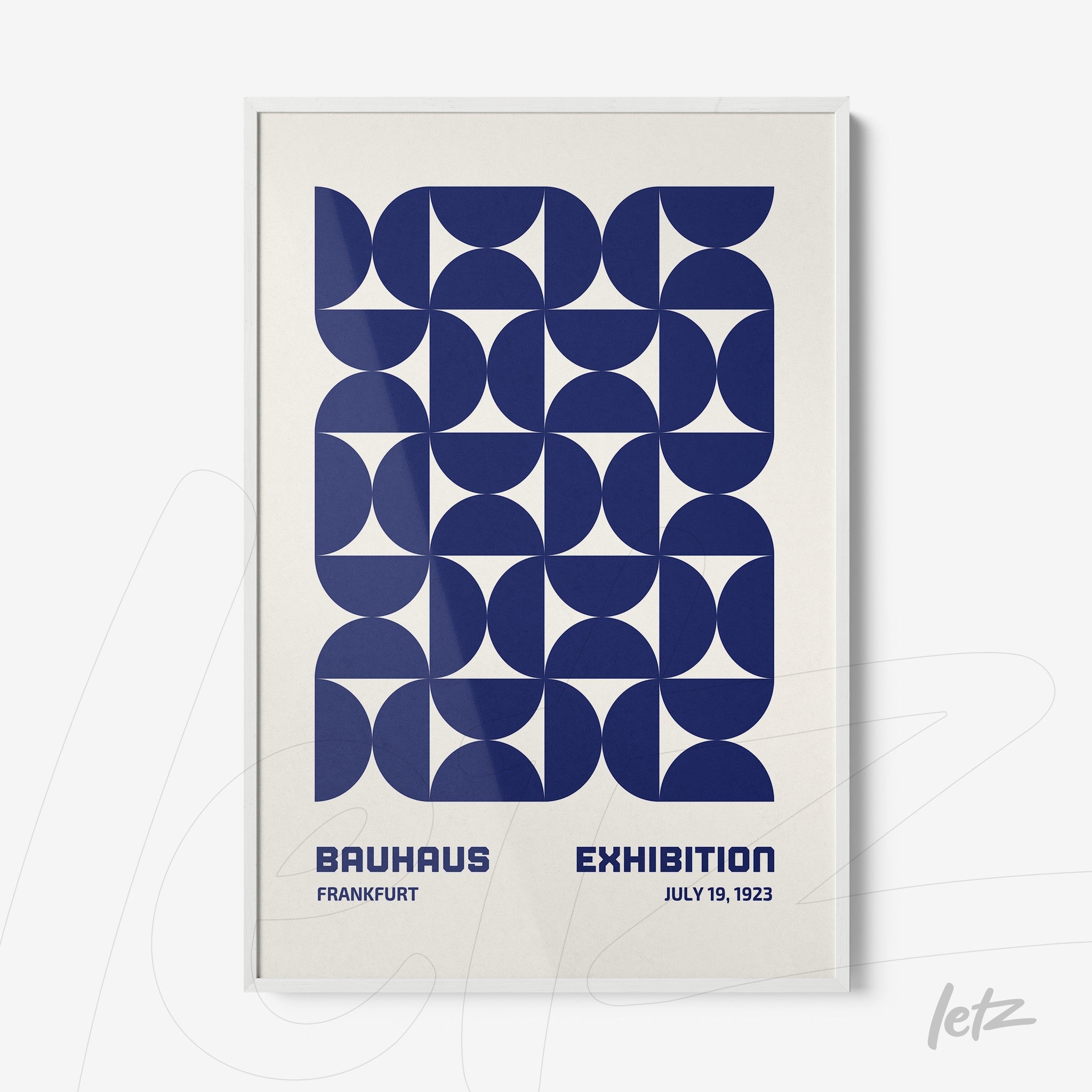 poster print featuring blue geometric art inspired by Bauhaus style framed in white