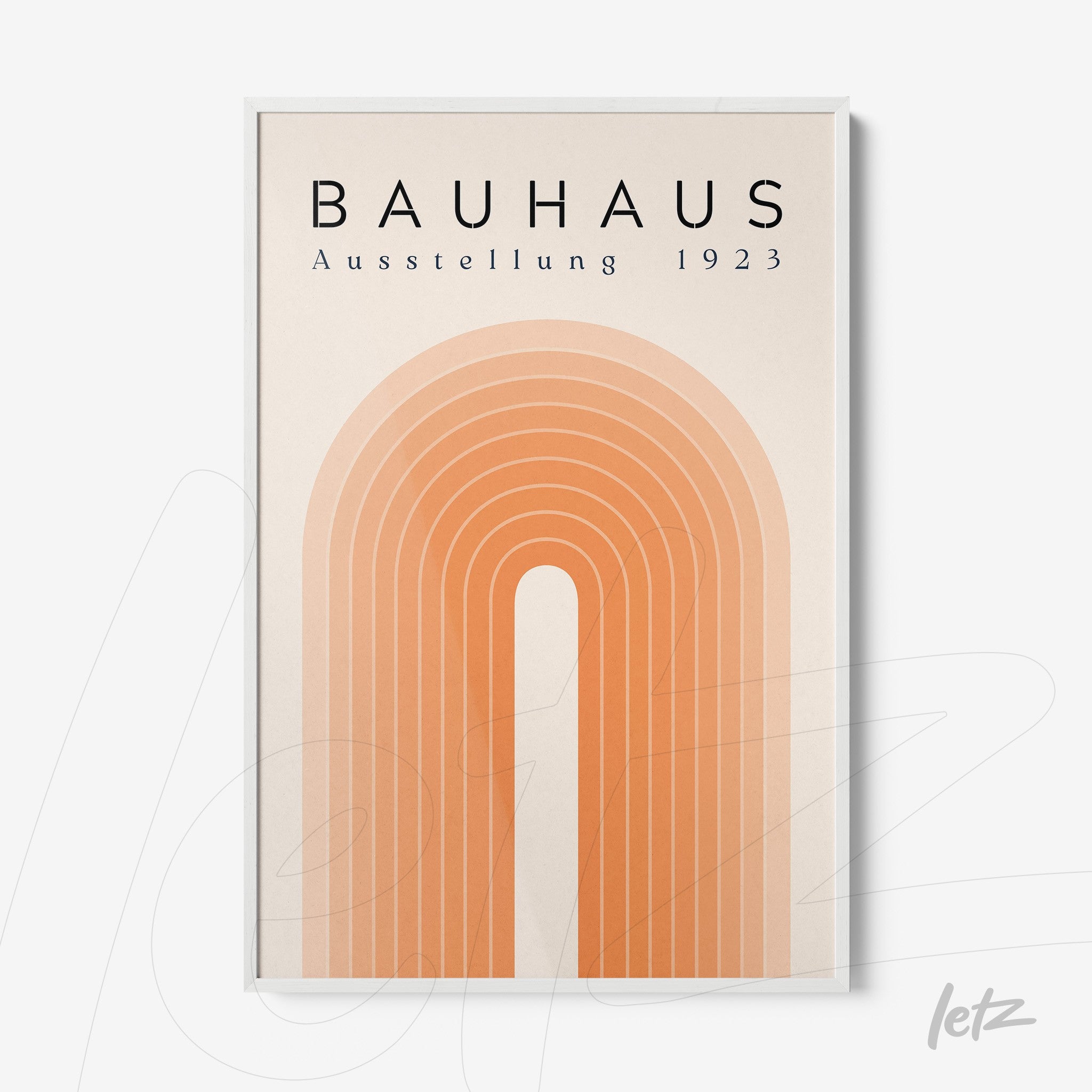 poster print featuring geometric design in orange hues with text bauhaus ausstellung 1923, framed in white