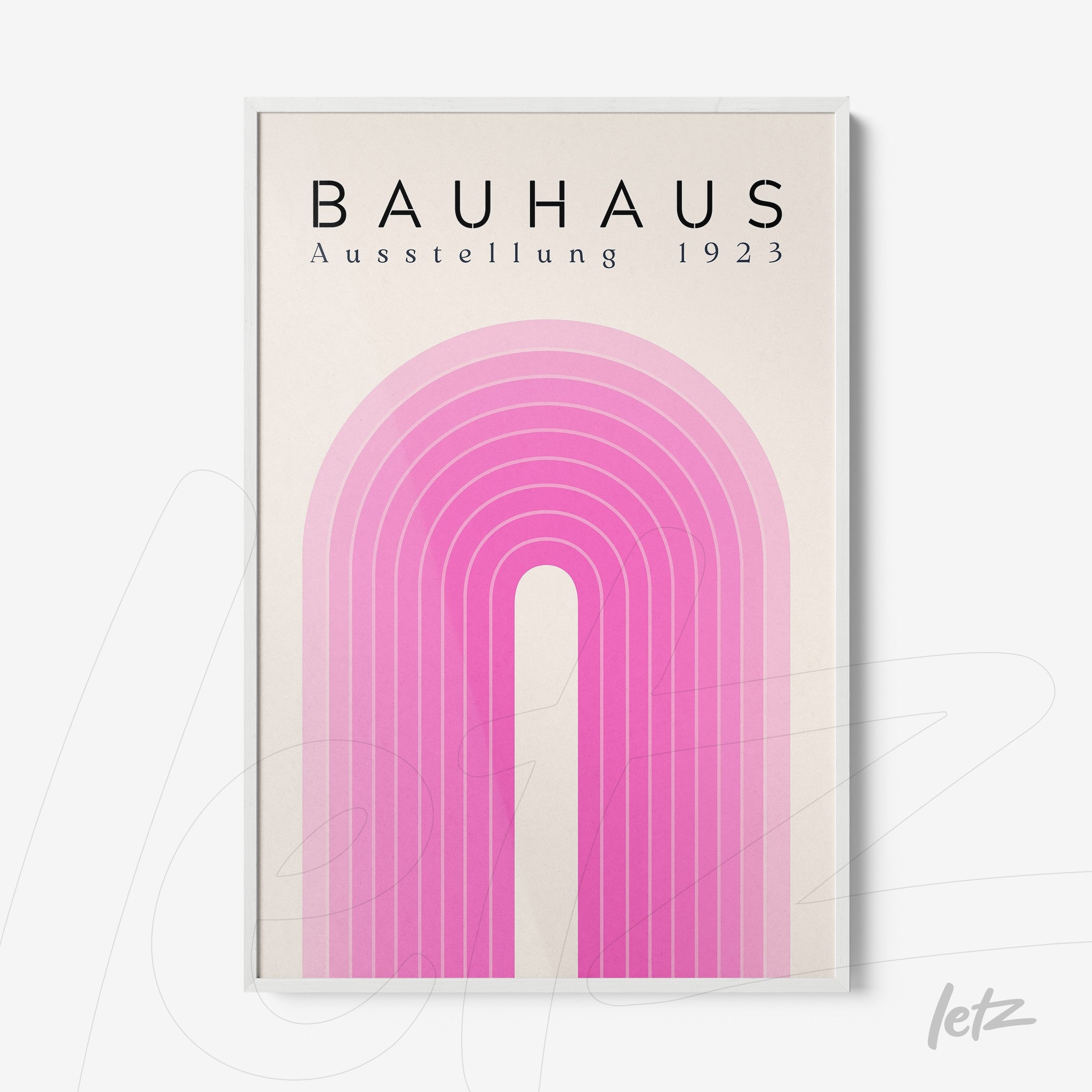 poster with pink arch geometric design in Bauhaus style framed in white