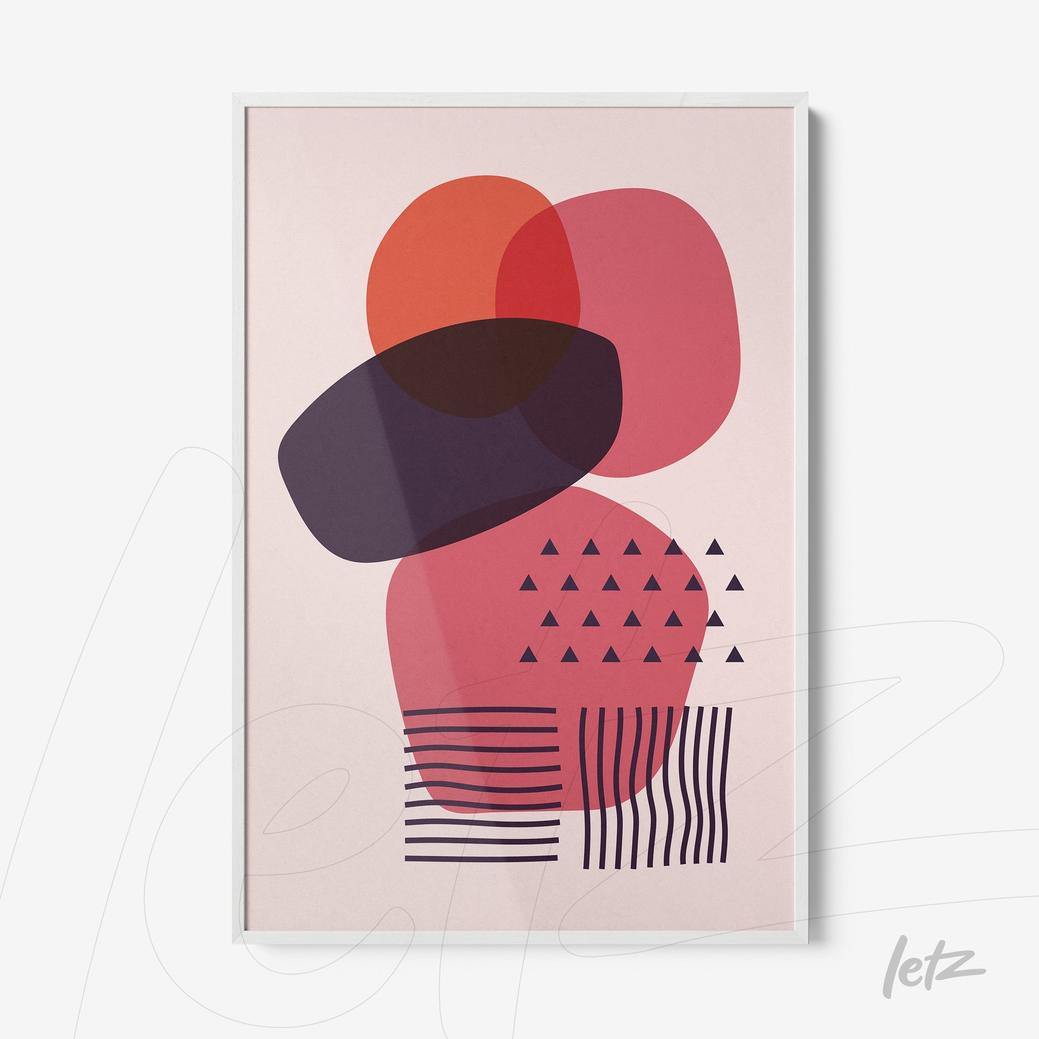 abstract poster print featuring geometric shapes on a light pink background with white frame