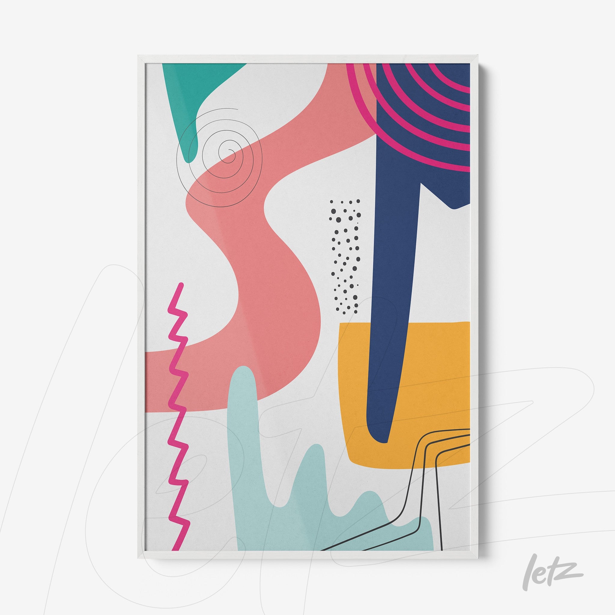 obra de arte abstrata com formas geométricas coloridas em moldura branca