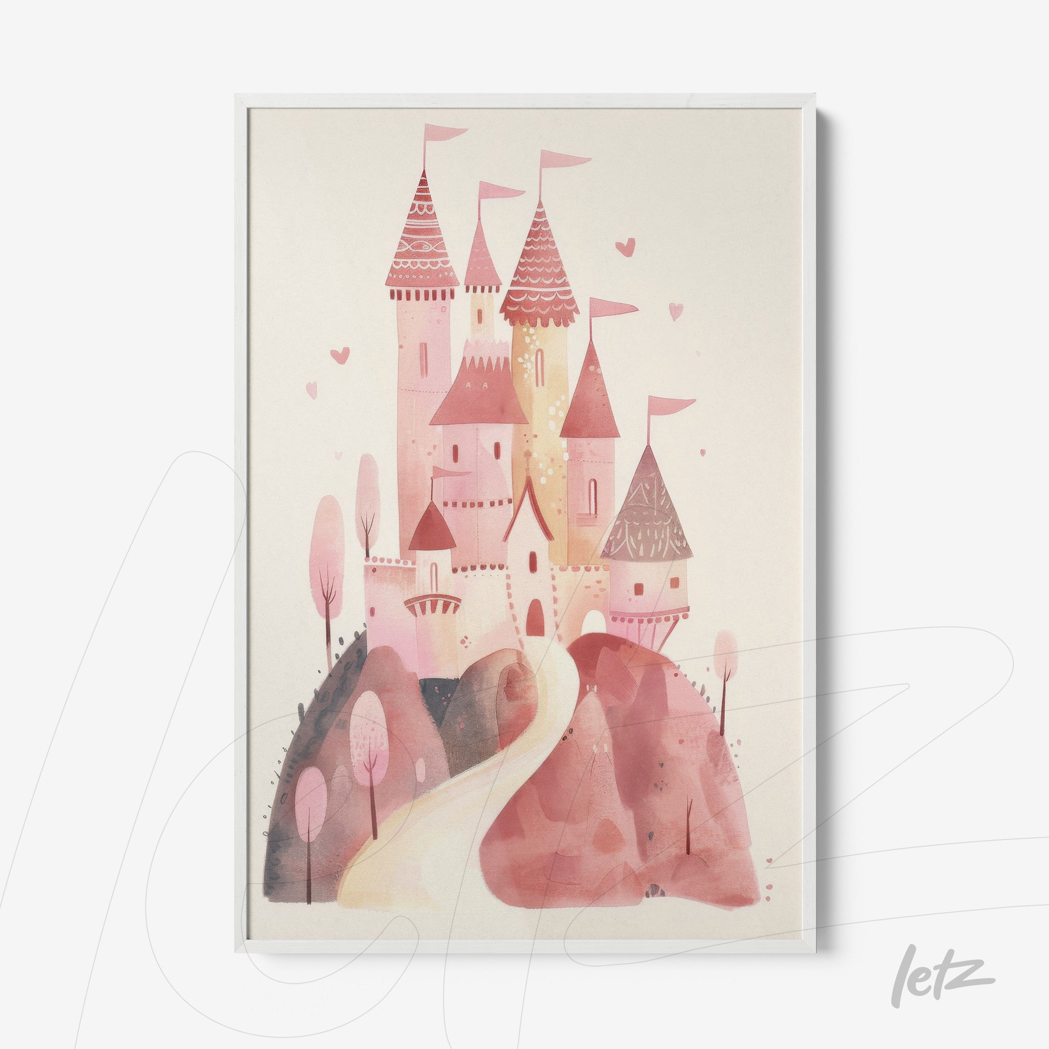 framed wall art featuring a whimsical pink castle illustration with trees and a winding road