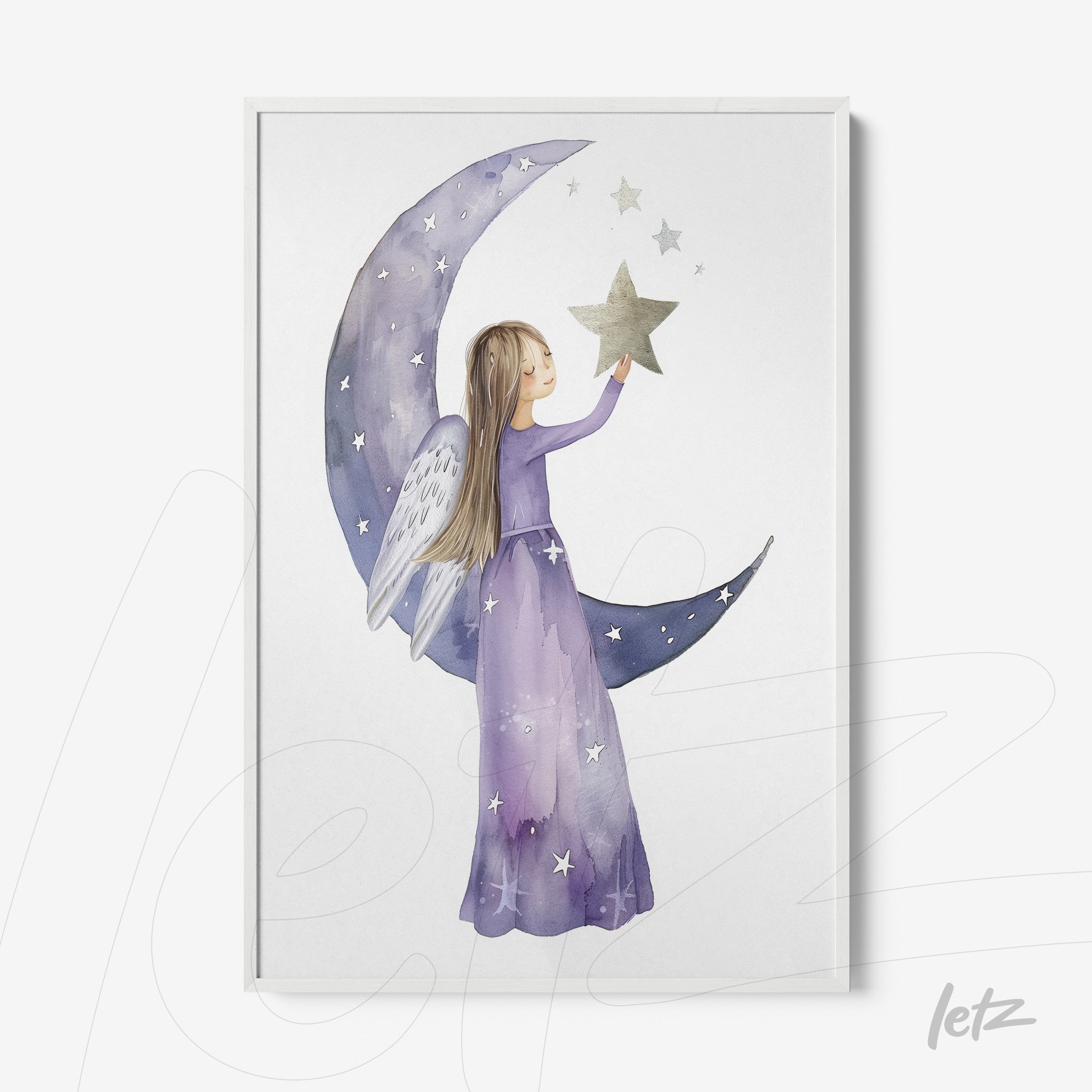 framed watercolor illustration of a girl with white wings reaching for a star next to a crescent moon in shades of purple