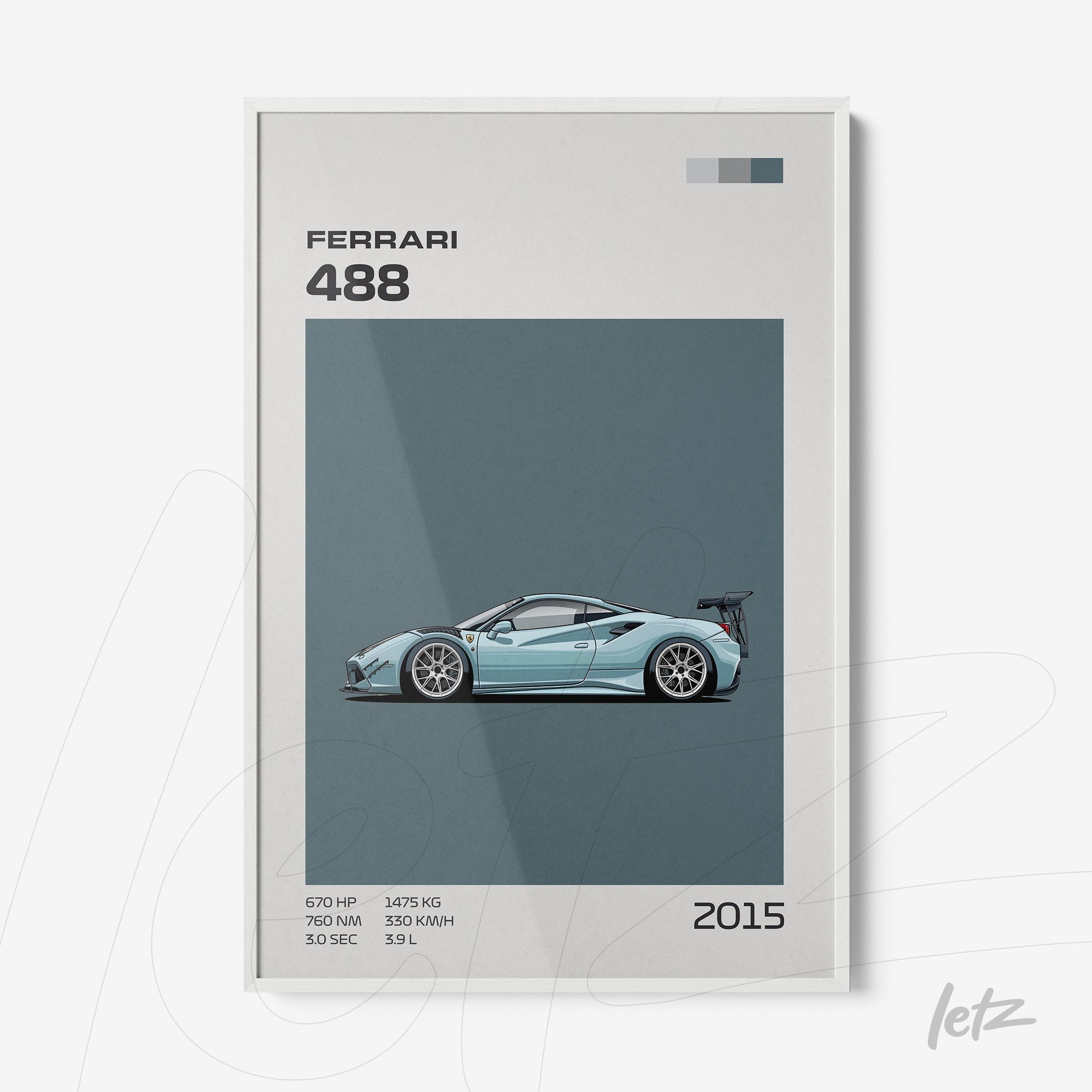framed digital art of a sports car Ferrari 488 with gray background