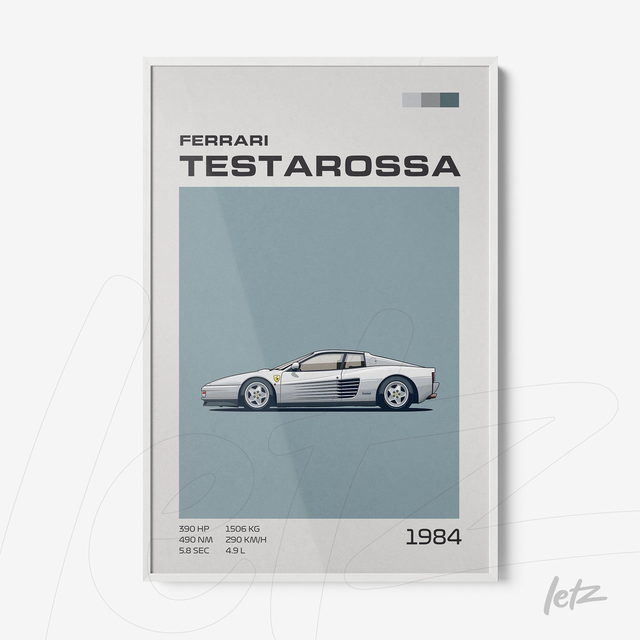 framed retro illustration of a Ferrari Testarossa sports car on a light blue background with a white frame