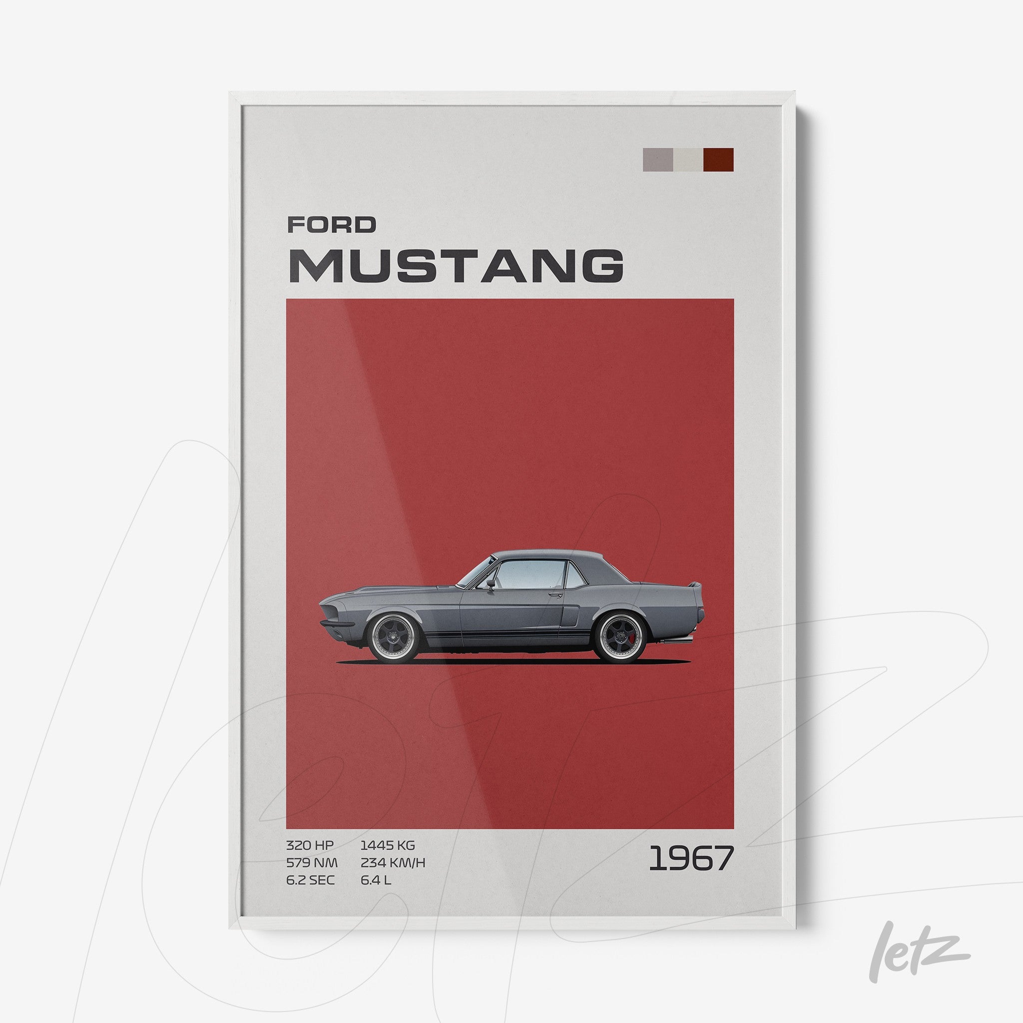 modern framed artwork featuring the 1967 Ford Mustang on a red background with a white frame