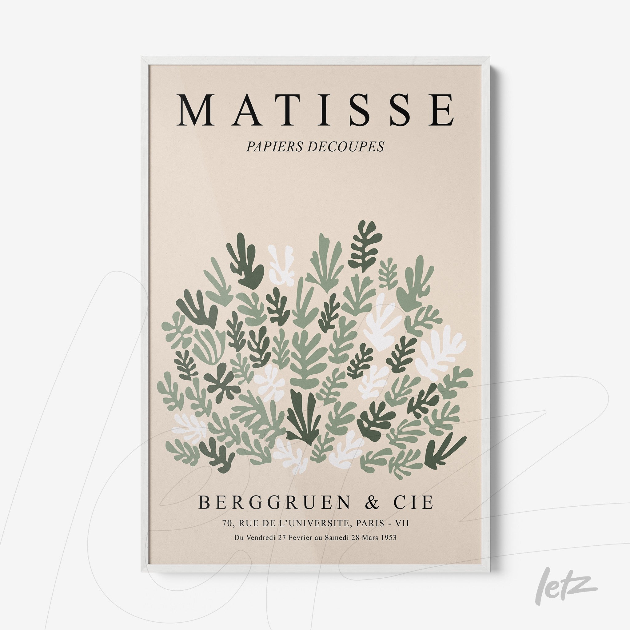 framed art inspired by Matisse featuring stylized green leaves in a white frame