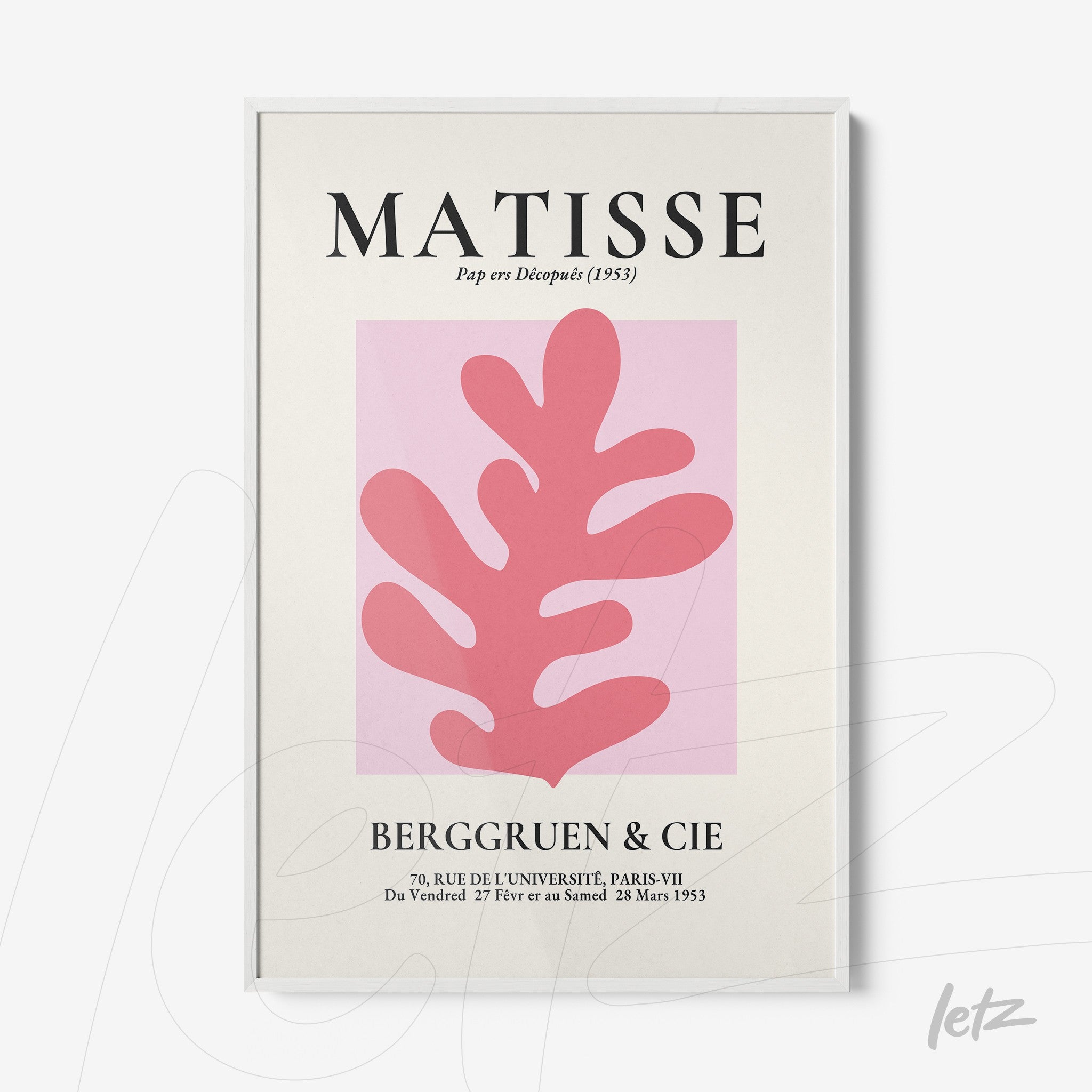 framed modern art inspired by Matisse featuring organic pink shapes on light background with white frame