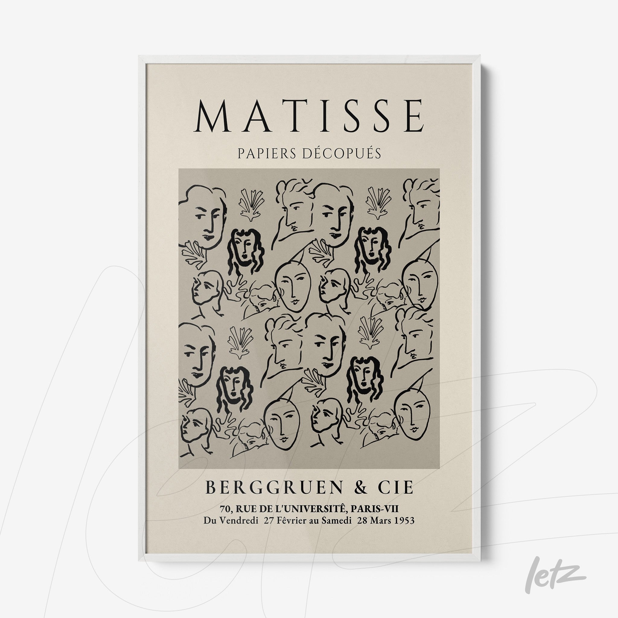 framed wall art featuring graphic style illustration of stylized faces on light background with white frame, artistic theme of Henri Matisse