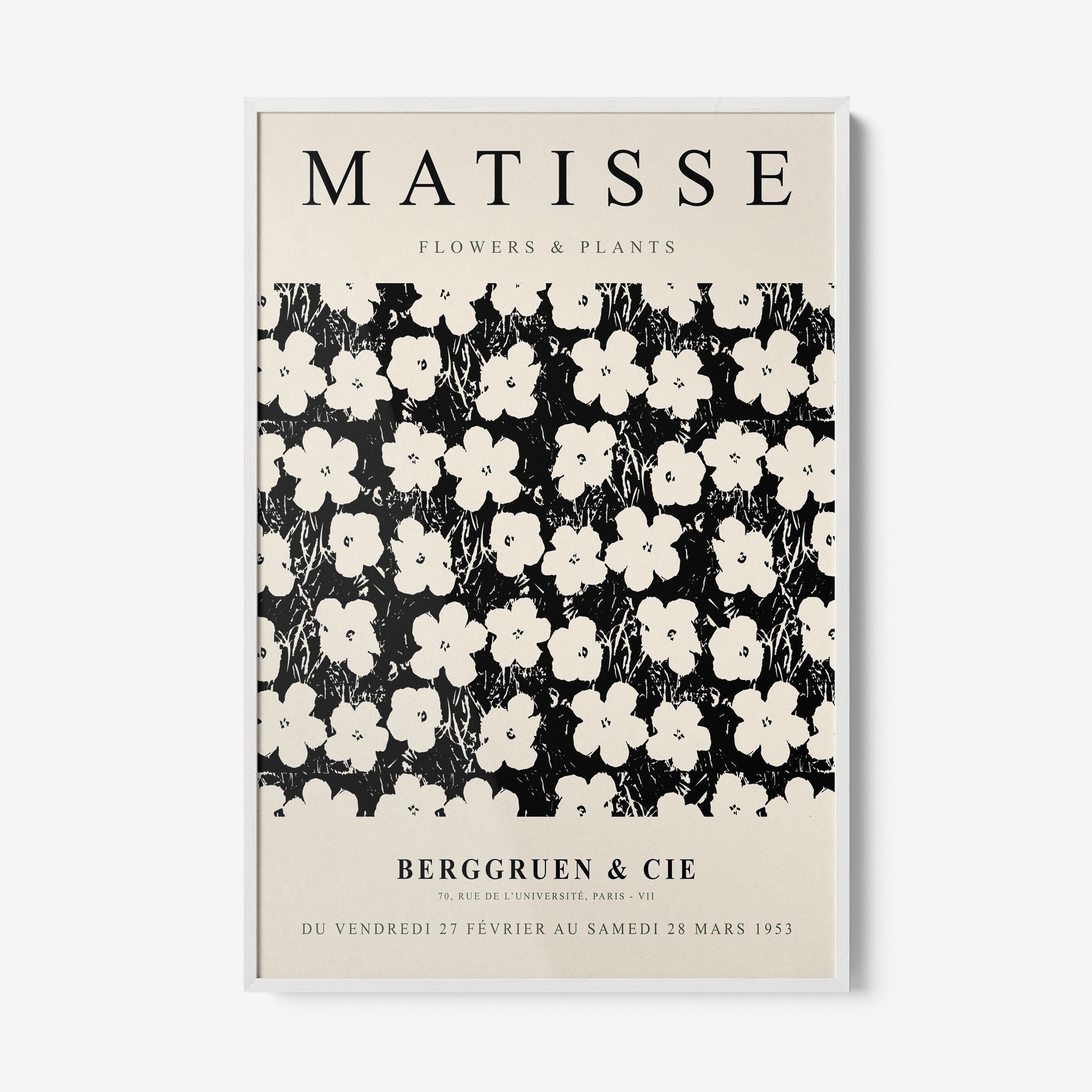 framed artwork featuring retro flower design in black and white background