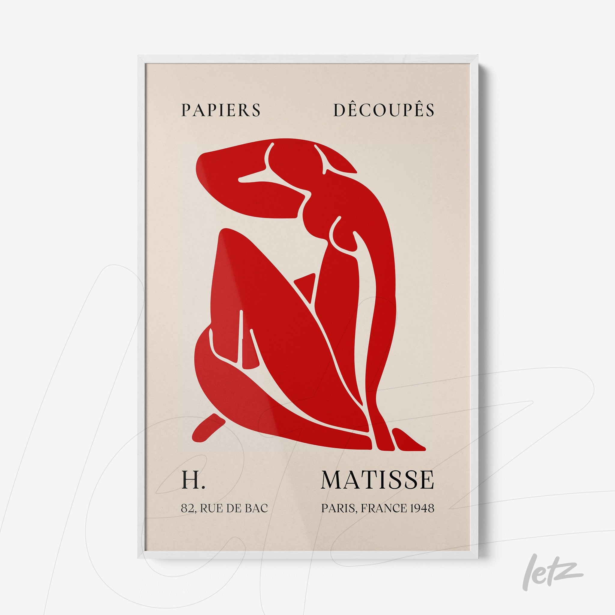 framed modern art featuring a red silhouette of a female figure with stylized text on a light background