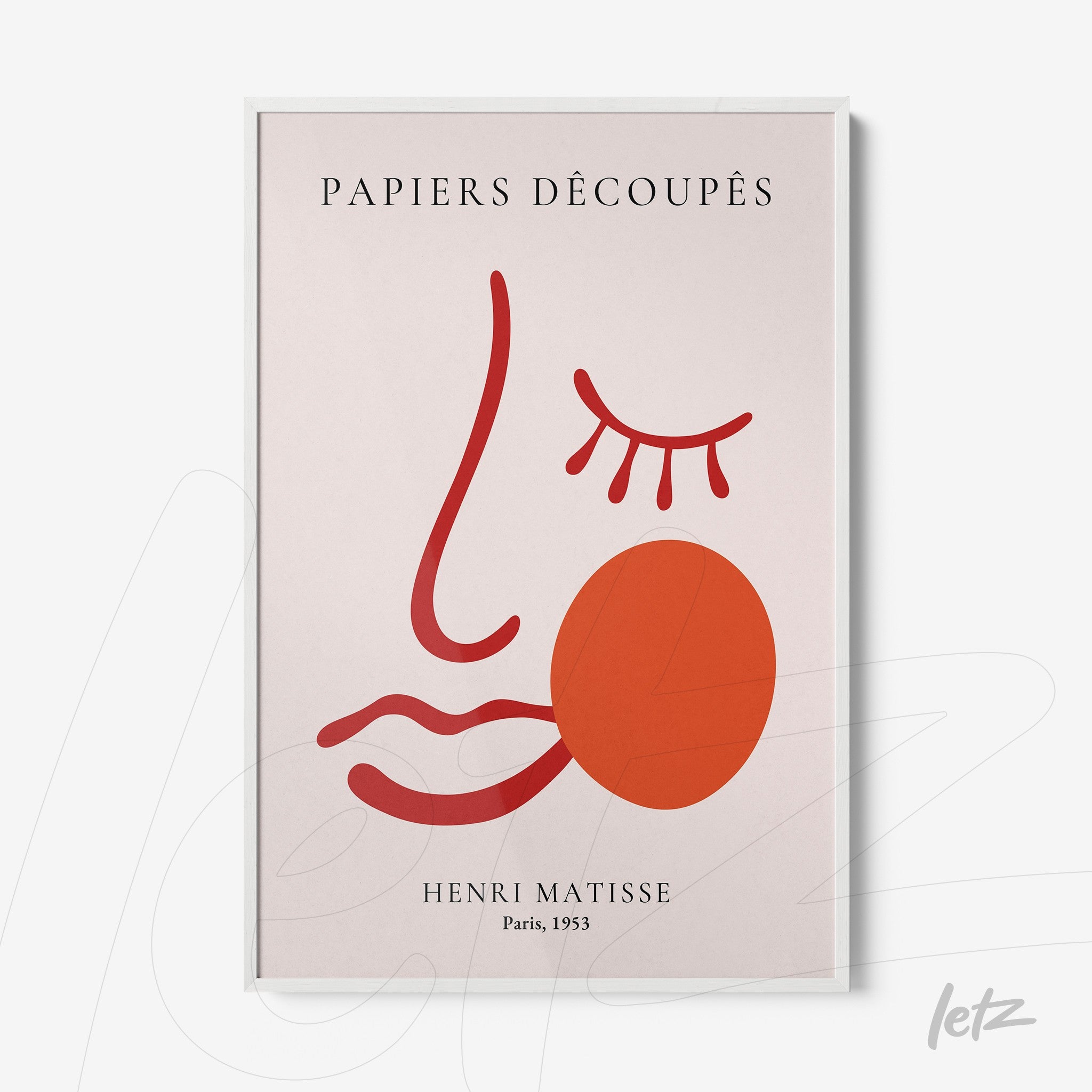 framed abstract art of a face with red lines and light background