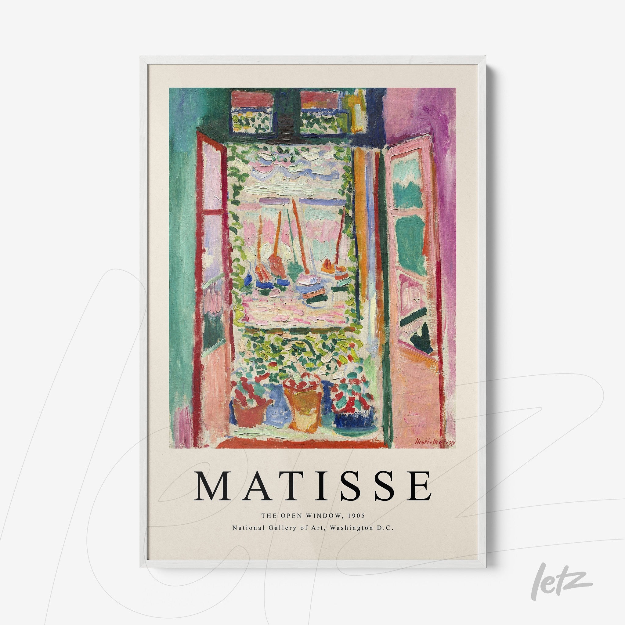 decorative art print of Matisse featuring an open window view with boats and vibrant flowers, framed in white
