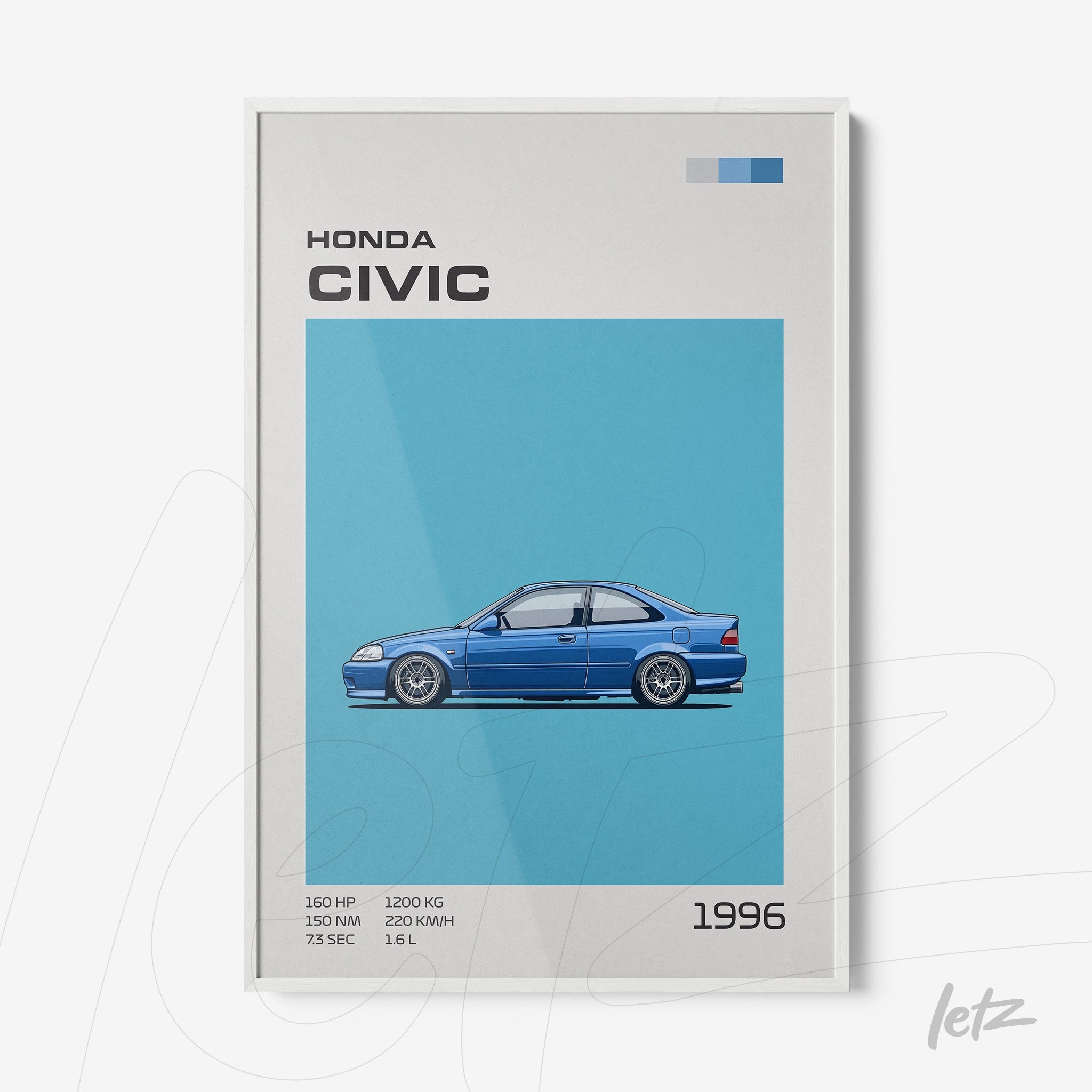 framed digital art of a 1996 Honda Civic in light blue background with white frame