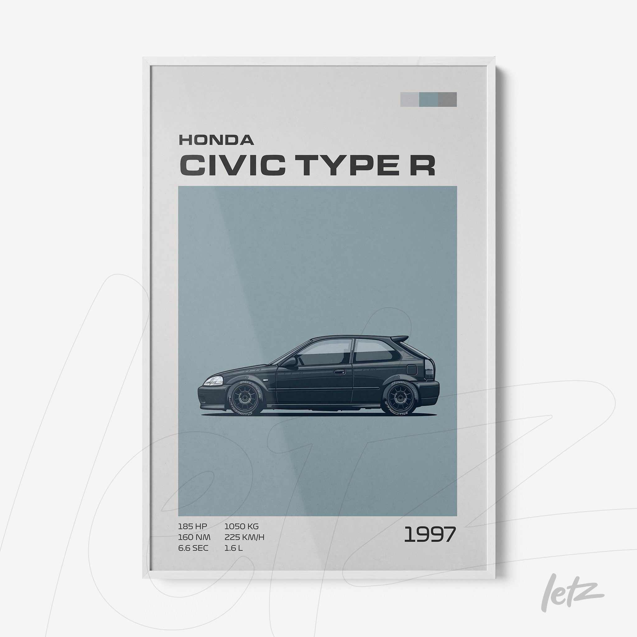 framed art of 1997 honda civic type r illustration with white frame, featuring blue outlines and technical specifications alongside