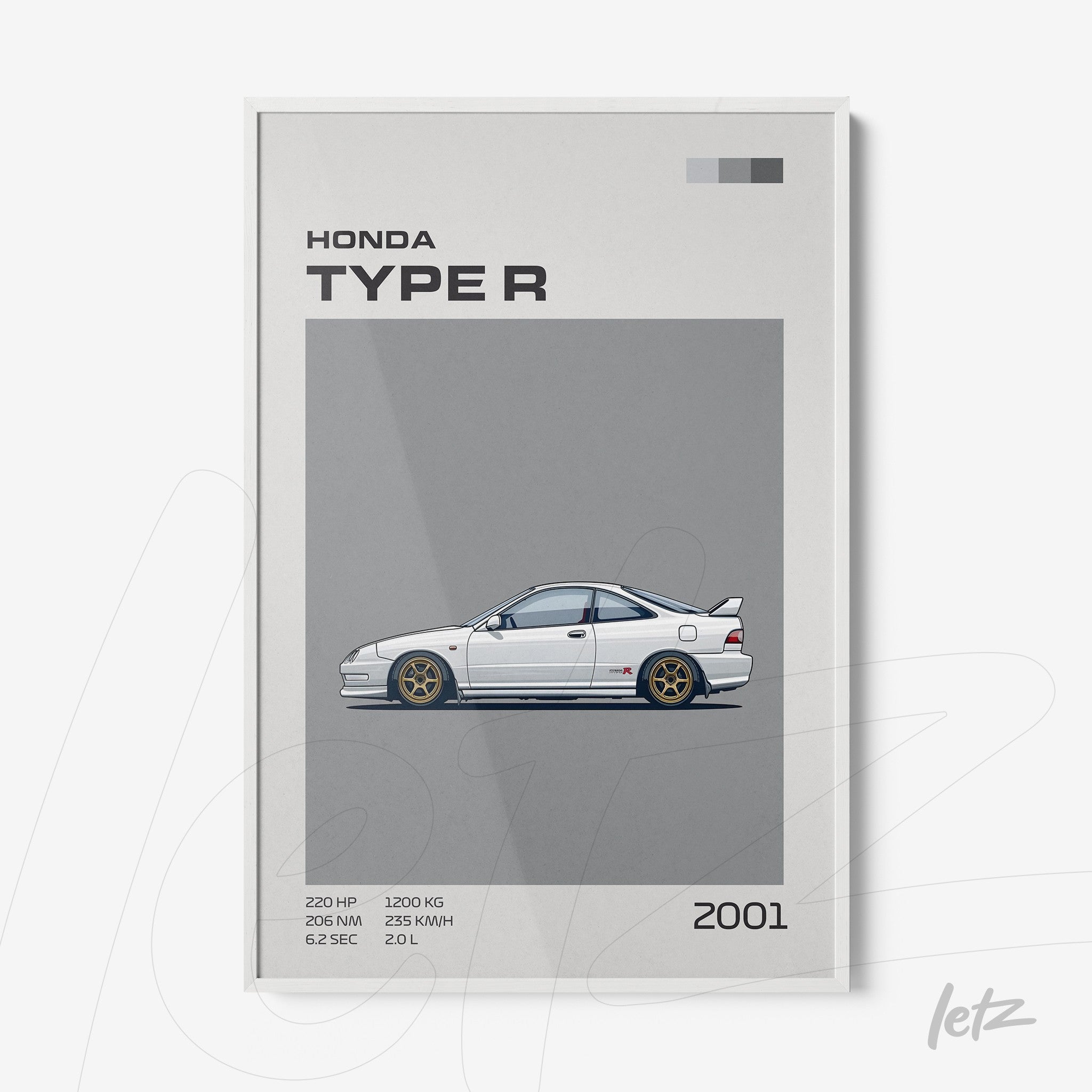 framed artwork featuring detailed illustration of 2001 Honda Type R on gray background with white frame