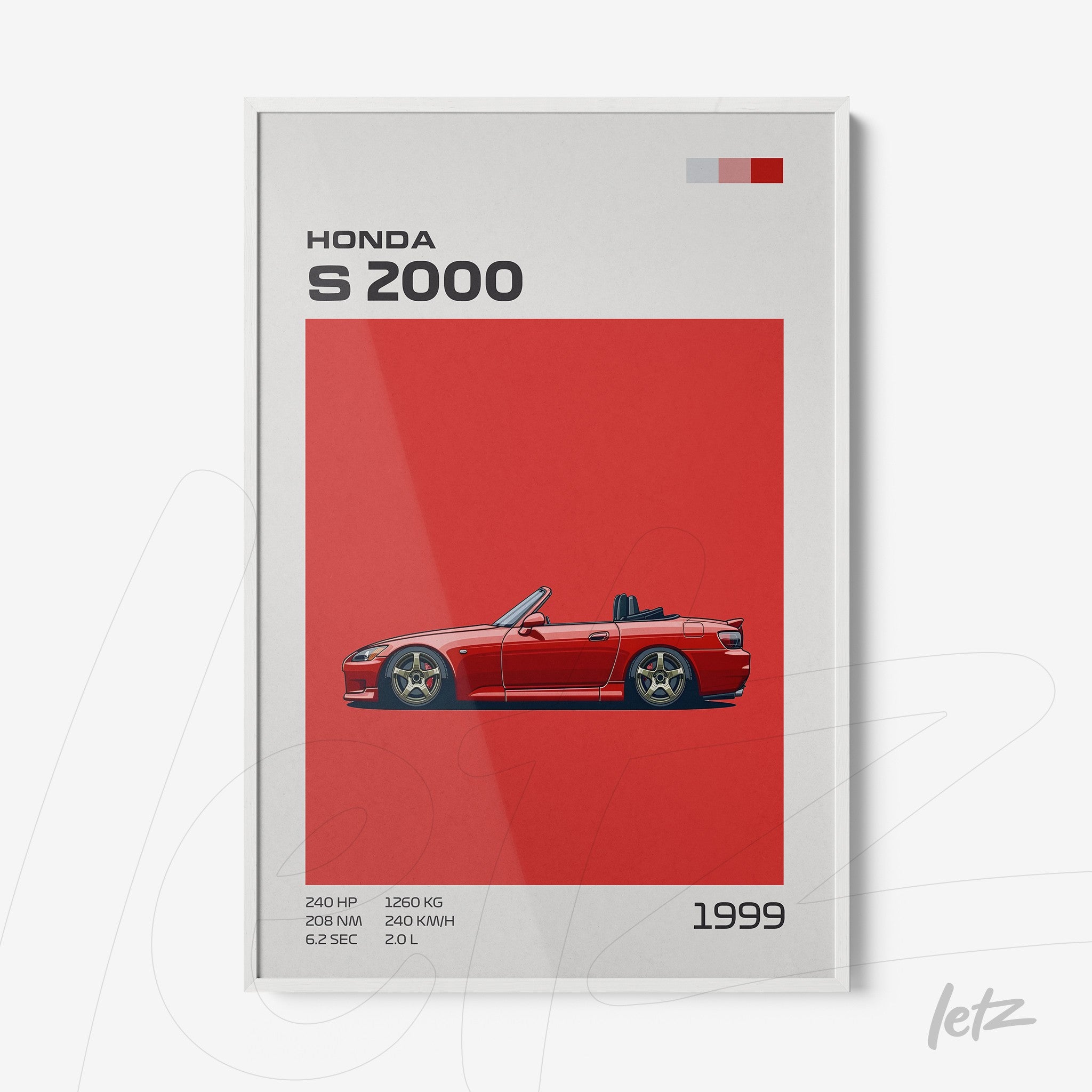 framed art featuring the Honda S2000 car illustration on a red background, highlighting details like horsepower and year of manufacture