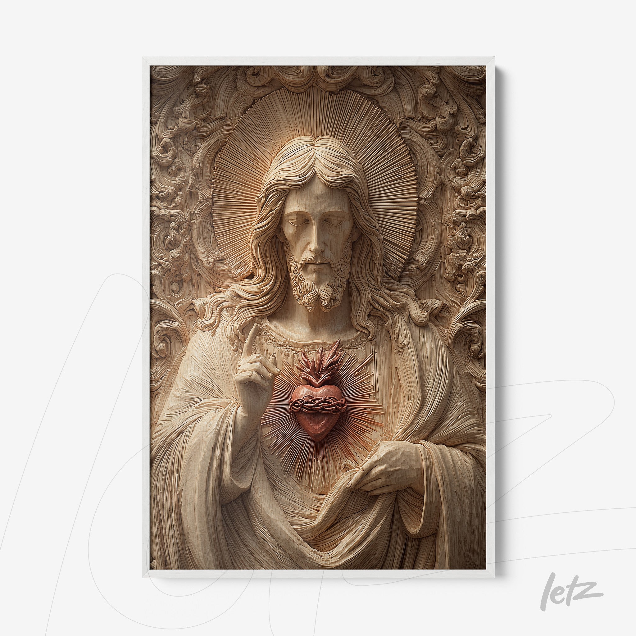 sacred art piece of Jesus Christ in baroque style with intricate background