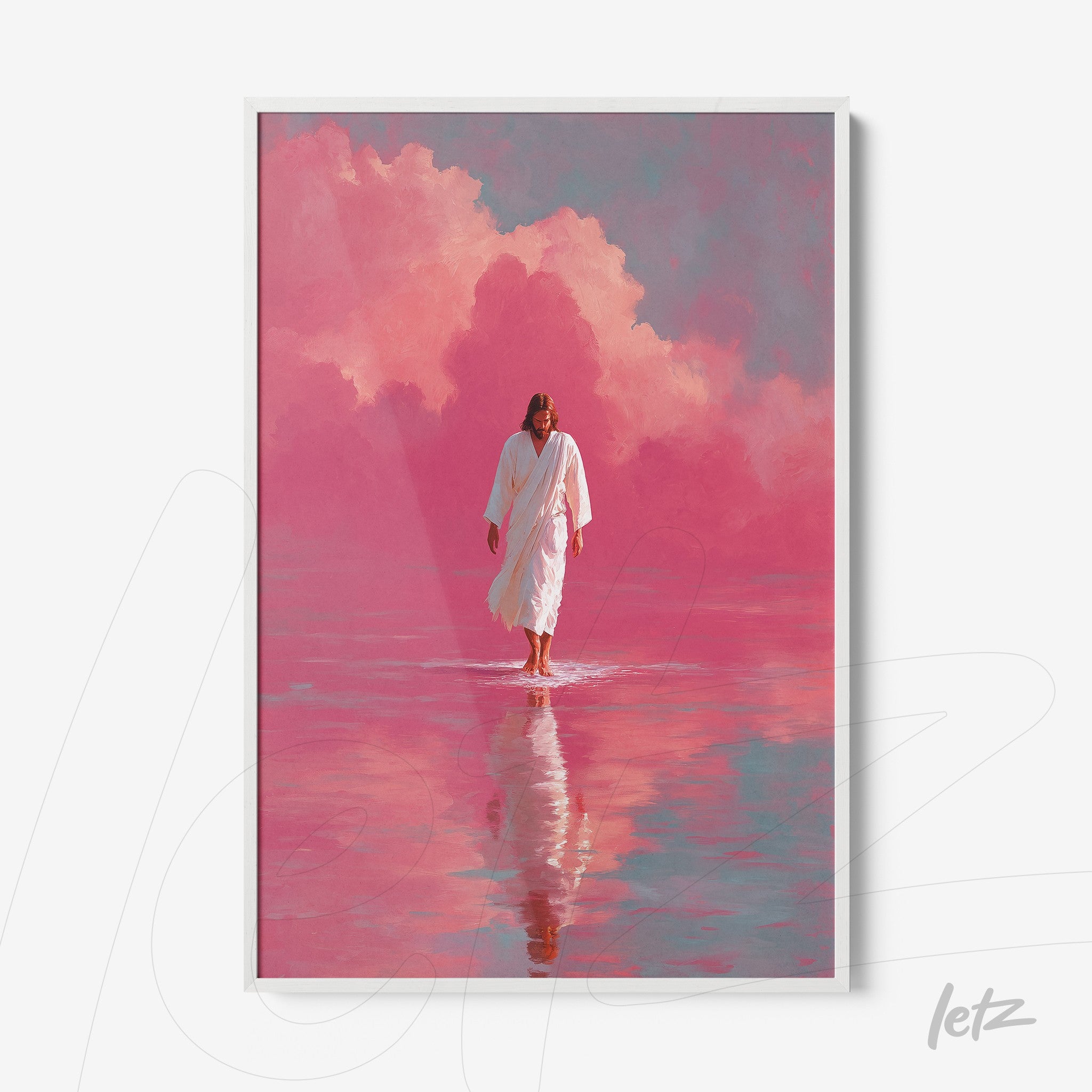framed artwork of a religious figure walking on water in a pink setting with clouds