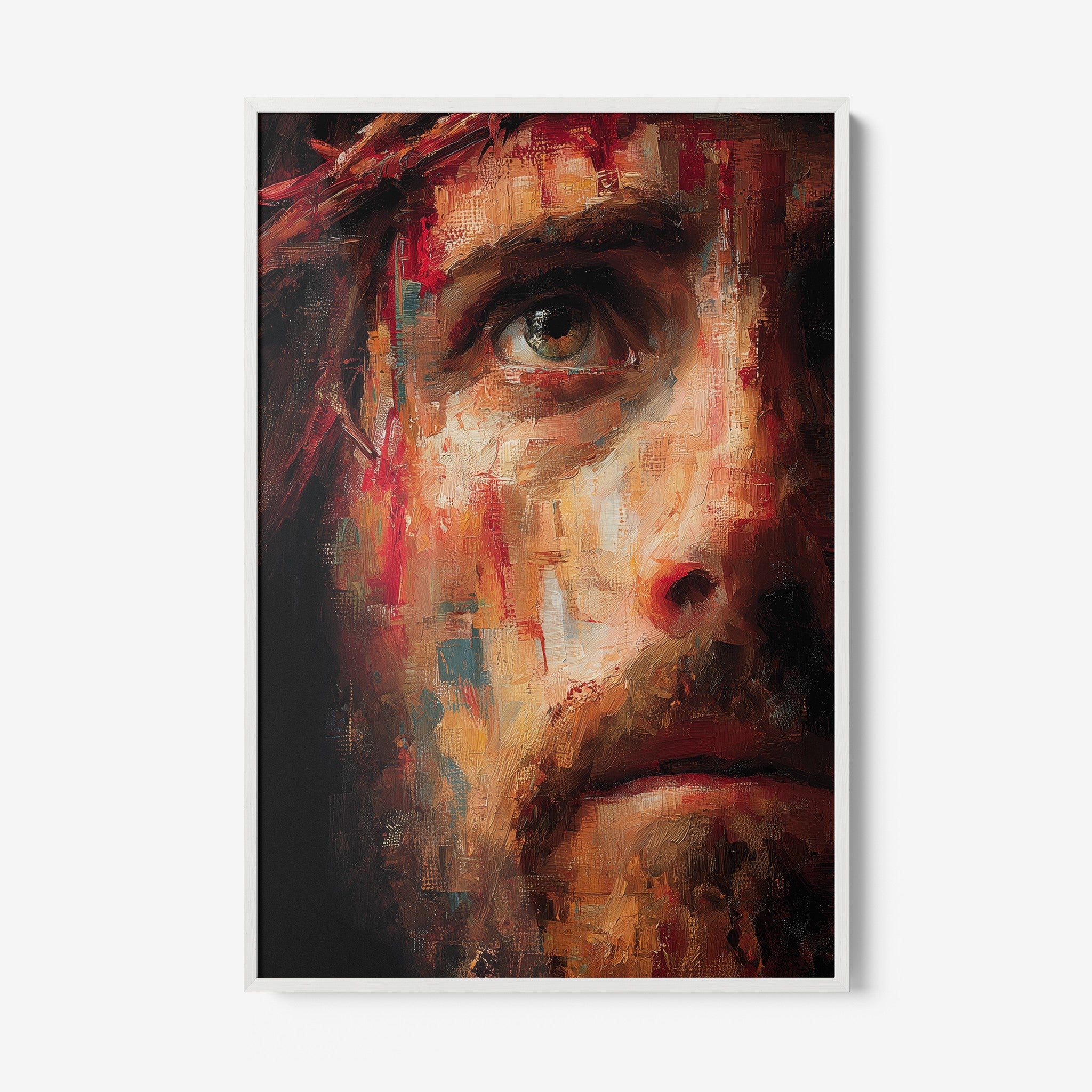 framed wall art featuring an impressionistic portrait of a male face with bold colors