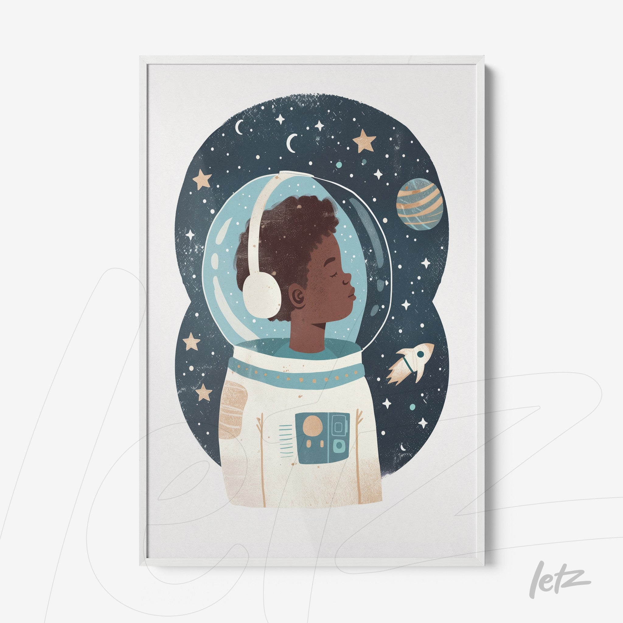 framed illustration of a child astronaut against a space background with planets and stars