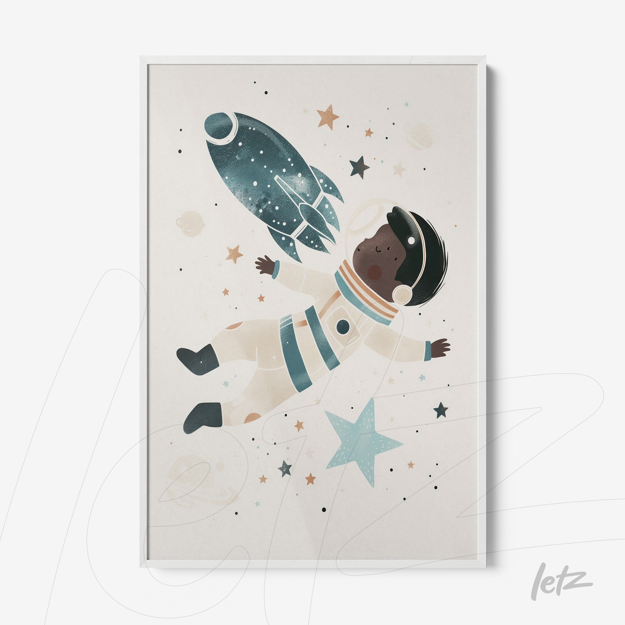 decorative wall art featuring a black astronaut floating in space with a rocket and colorful stars against a light background in a white frame