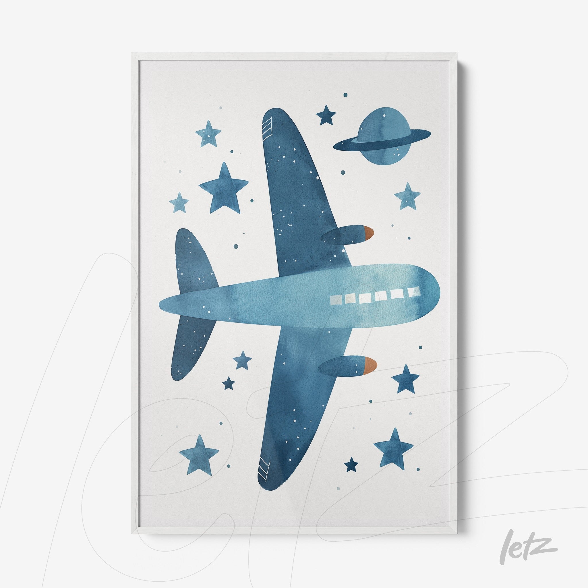 framed watercolor illustration of a blue airplane surrounded by stars and a planet on a white background