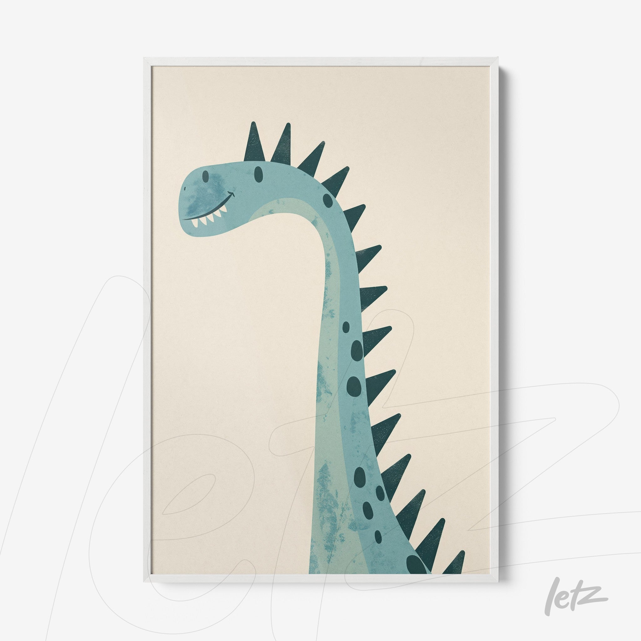 framed artwork of a blue and green dinosaur illustration with white frame